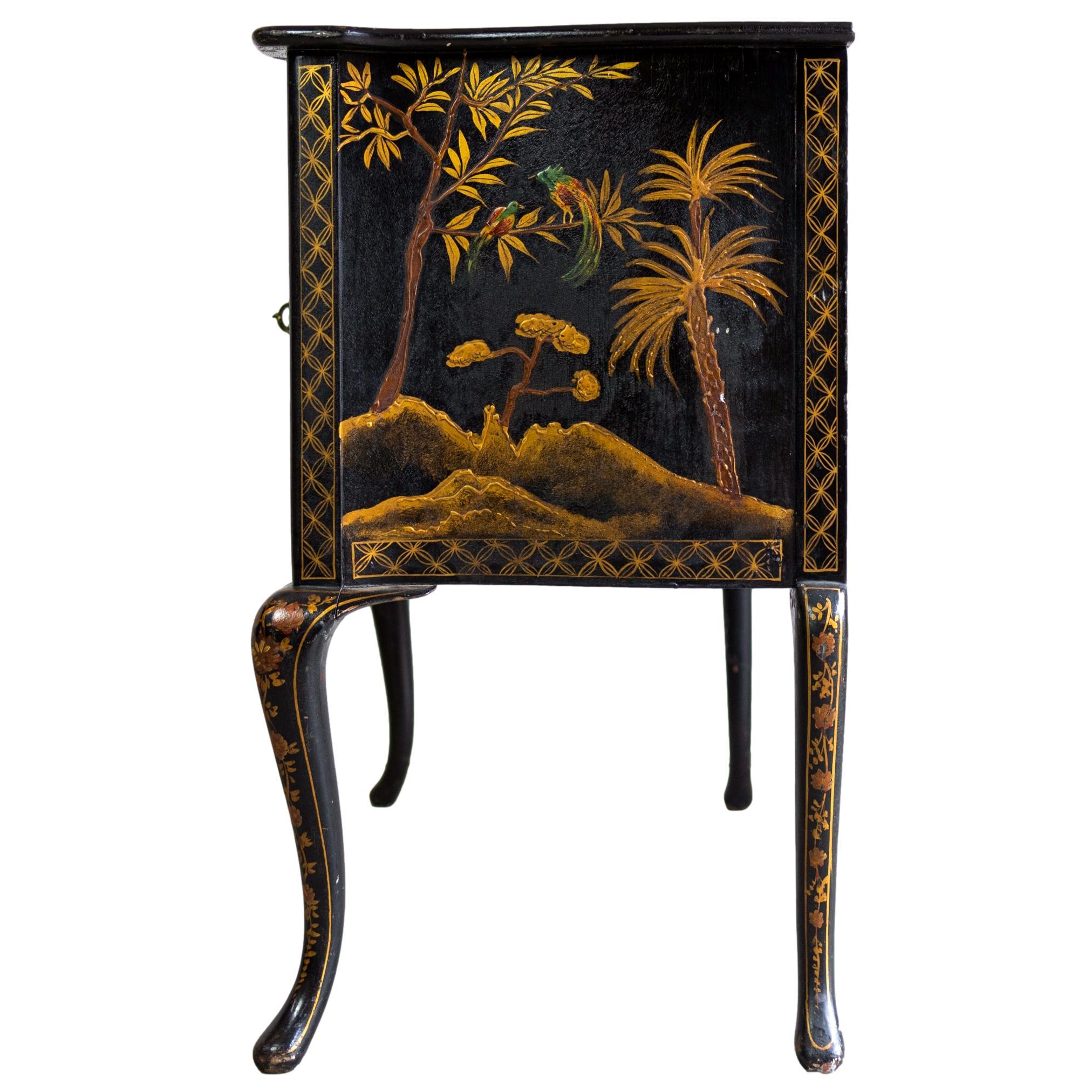 19th Century Black Lacquered and Chinoiserie-Decorated Serpentine Cabinet, English, c. 1875