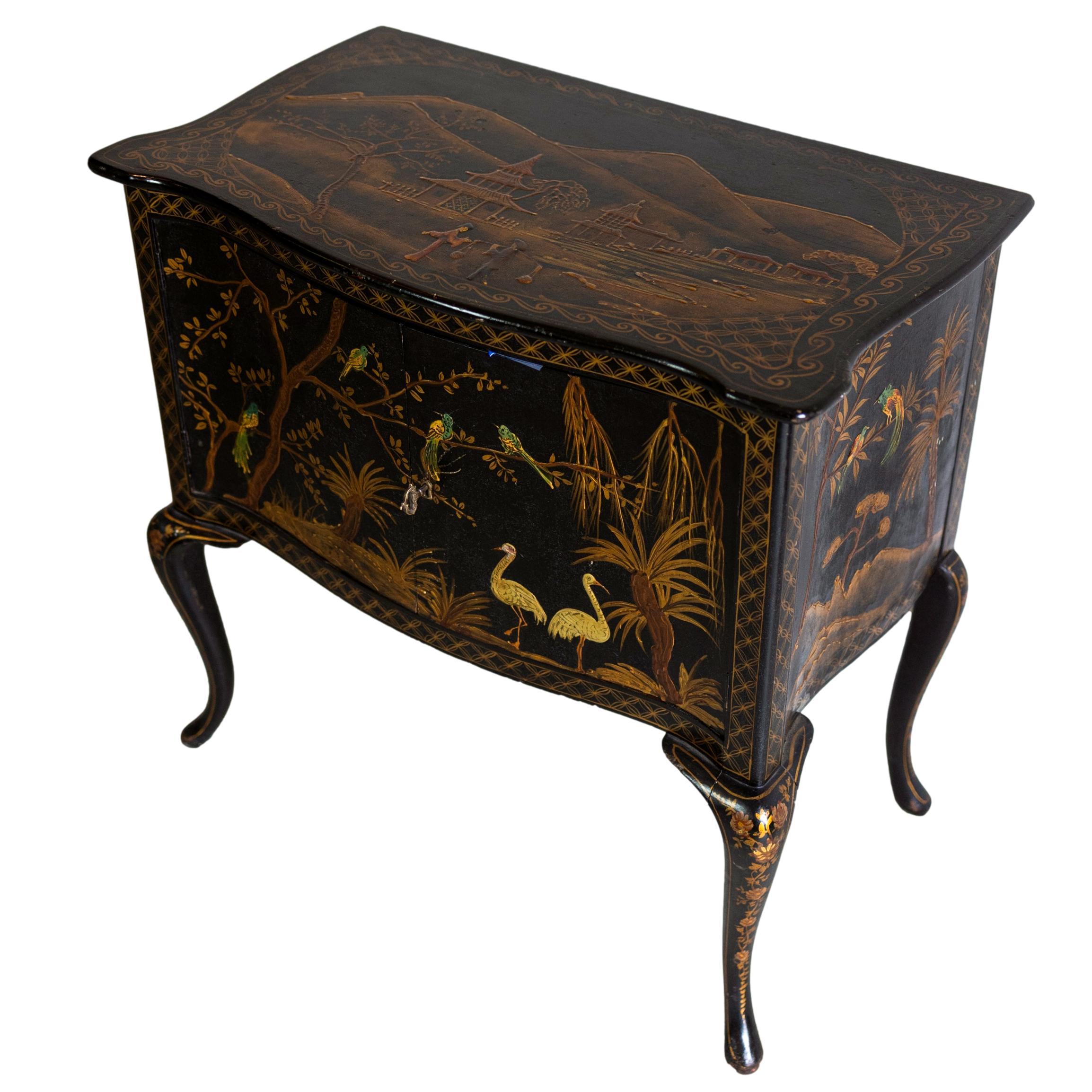 Softwood Black Lacquered and Chinoiserie-Decorated Serpentine Cabinet, English, c. 1875