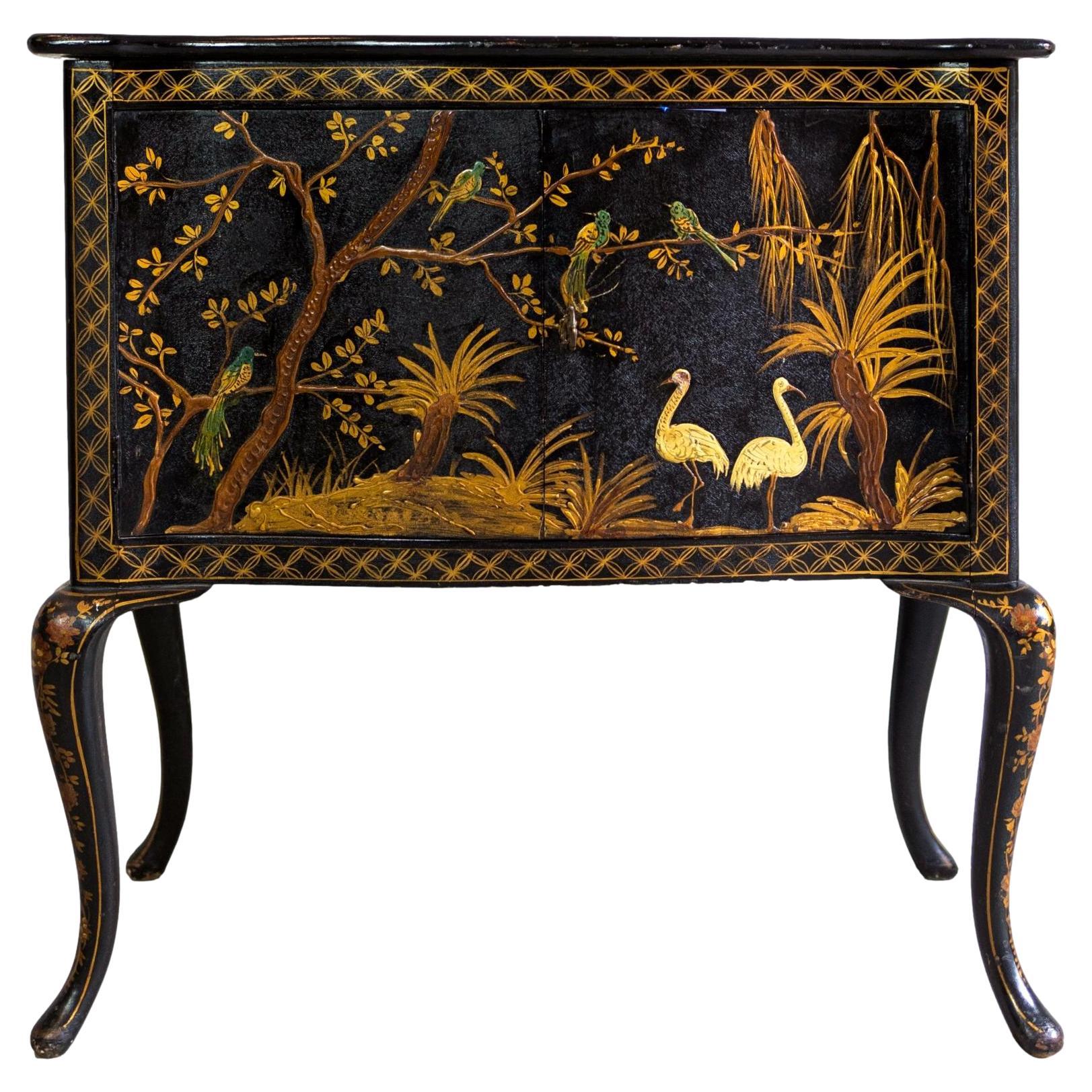Black Lacquered and Chinoiserie-Decorated Serpentine Cabinet, English, c. 1875