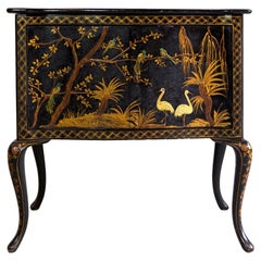 Antique Black Lacquered and Chinoiserie-Decorated Serpentine Cabinet, English, c. 1875