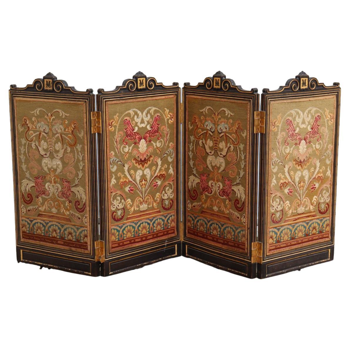 Black Lacquered and Gilt Wood Victorian Foldable Fire Screen, 19th Century For Sale