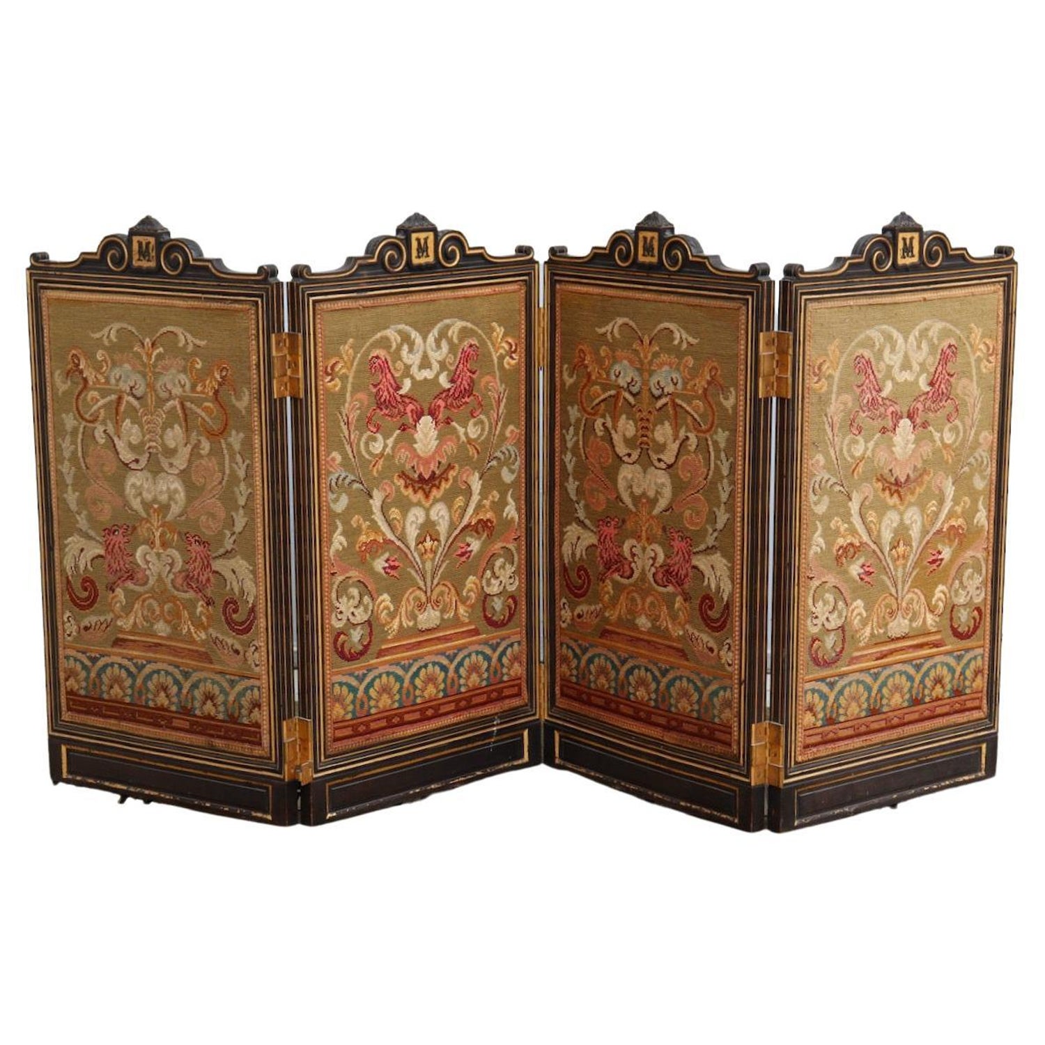 Black Lacquered and Gilt Wood Victorian Foldable Fire Screen, 19th Century  For Sale at 1stDibs