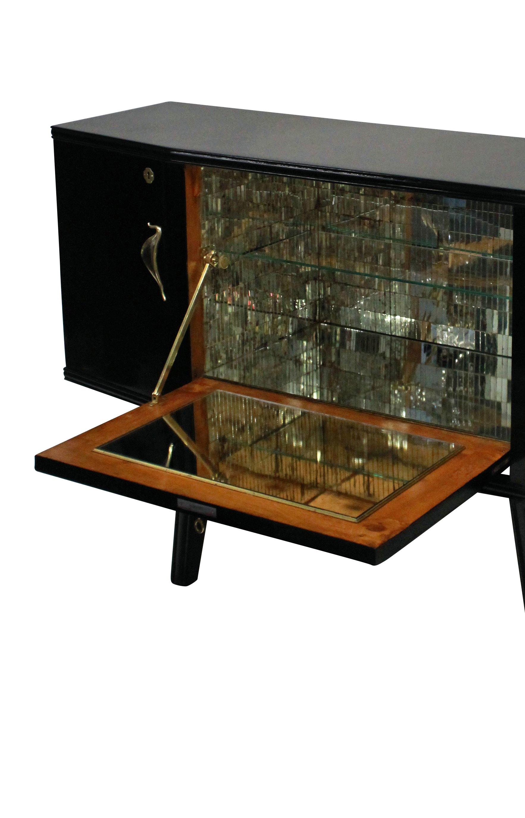 Black Lacquered Italian Bar Credenza with Malachite Detail In Excellent Condition In London, GB