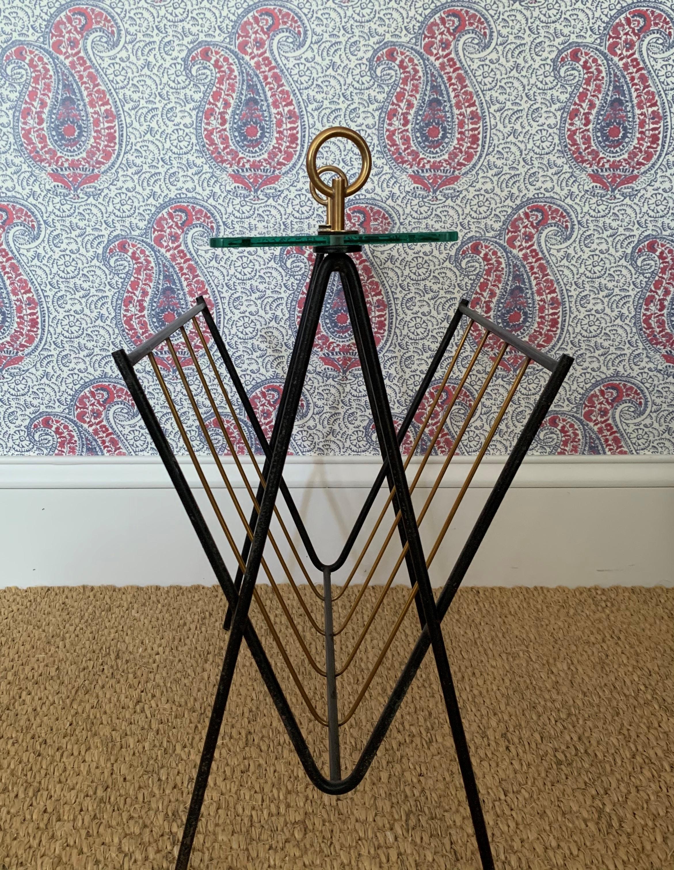 French Black Lacquered Metal and Brass Magazine Rack Attributed to Jacques Adnet