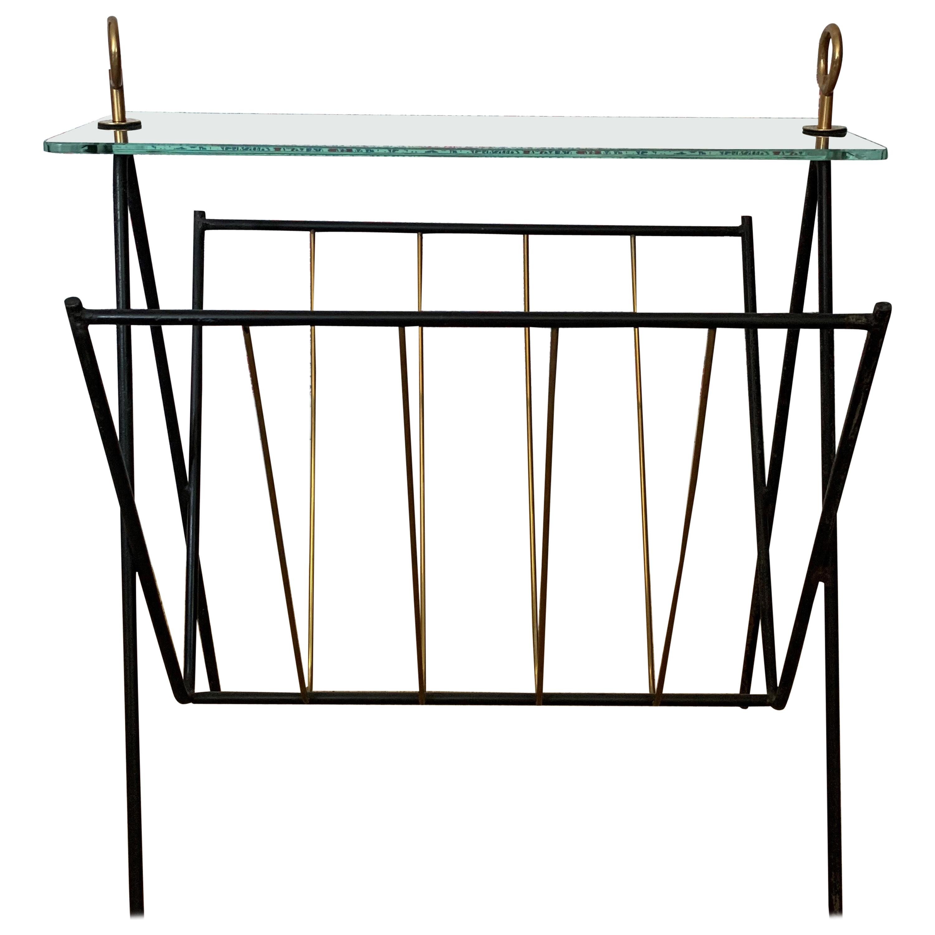 Black Lacquered Metal and Brass Magazine Rack Attributed to Jacques Adnet