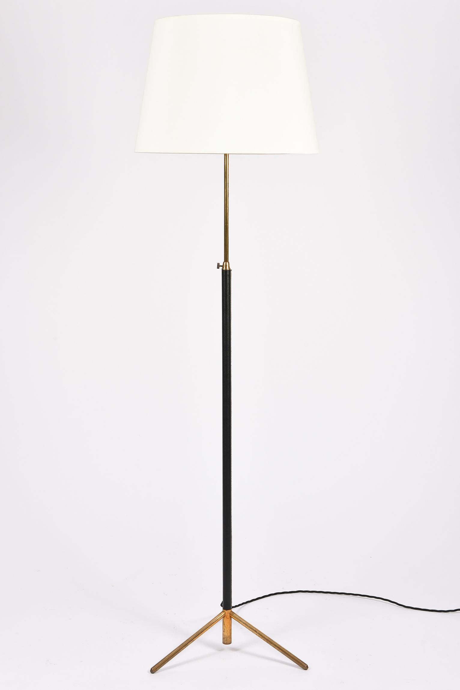 Mid-Century Modern Black Leather and Brass Tripod Floor Lamp, in the Manner of Jacques Adnet
