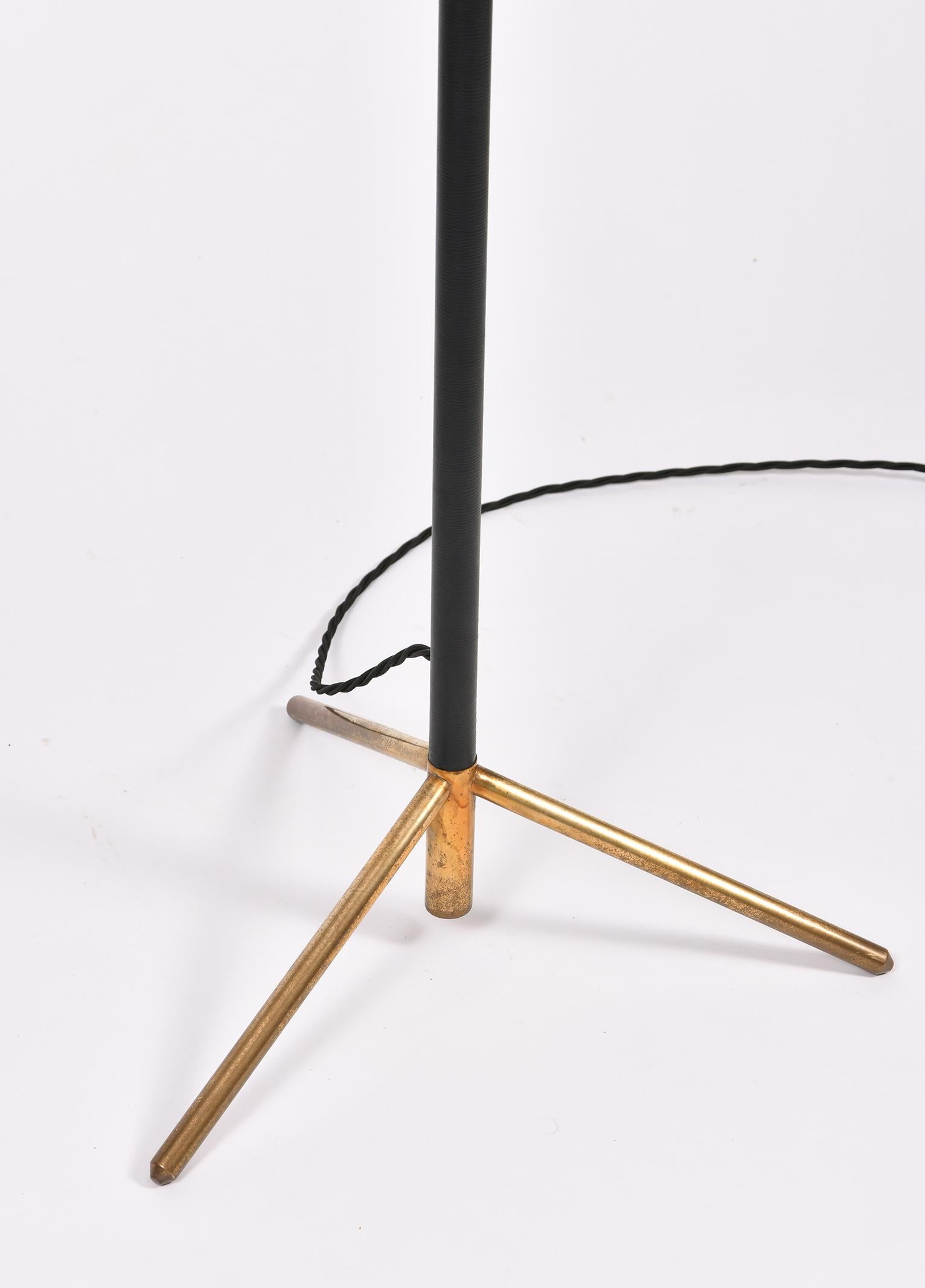 French Black Leather and Brass Tripod Floor Lamp, in the Manner of Jacques Adnet