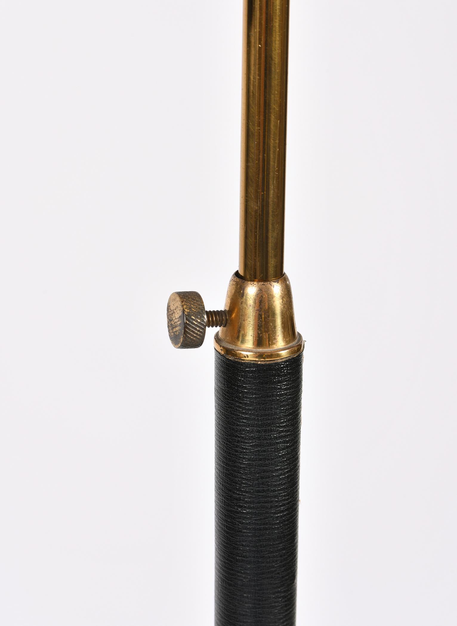 20th Century Black Leather and Brass Tripod Floor Lamp, in the Manner of Jacques Adnet