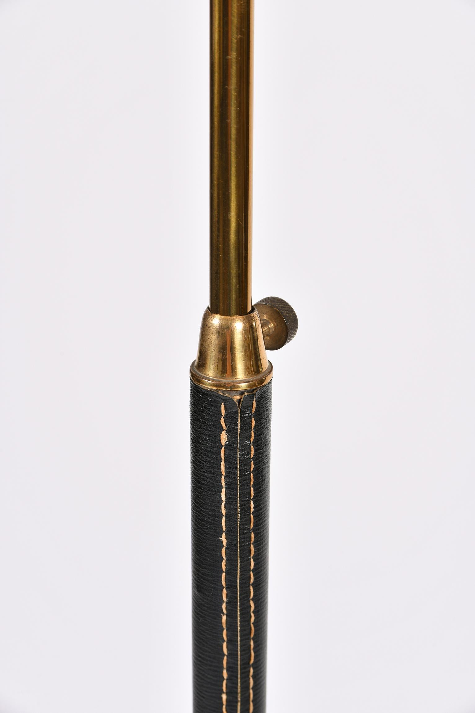 Black Leather and Brass Tripod Floor Lamp, in the Manner of Jacques Adnet 1