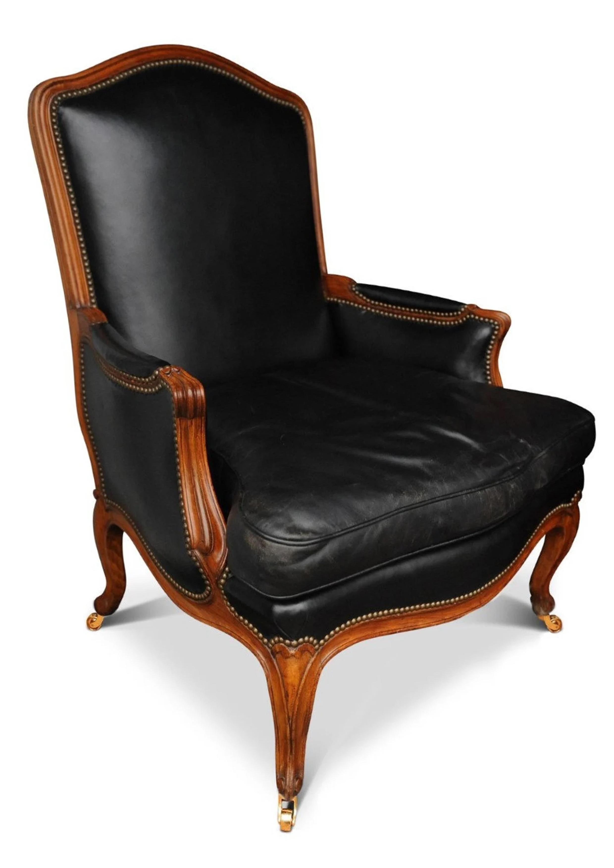 Black Leather Louis XV French Bergere Armchair Finished with Brass Stud Detail In Good Condition For Sale In High Wycombe, GB