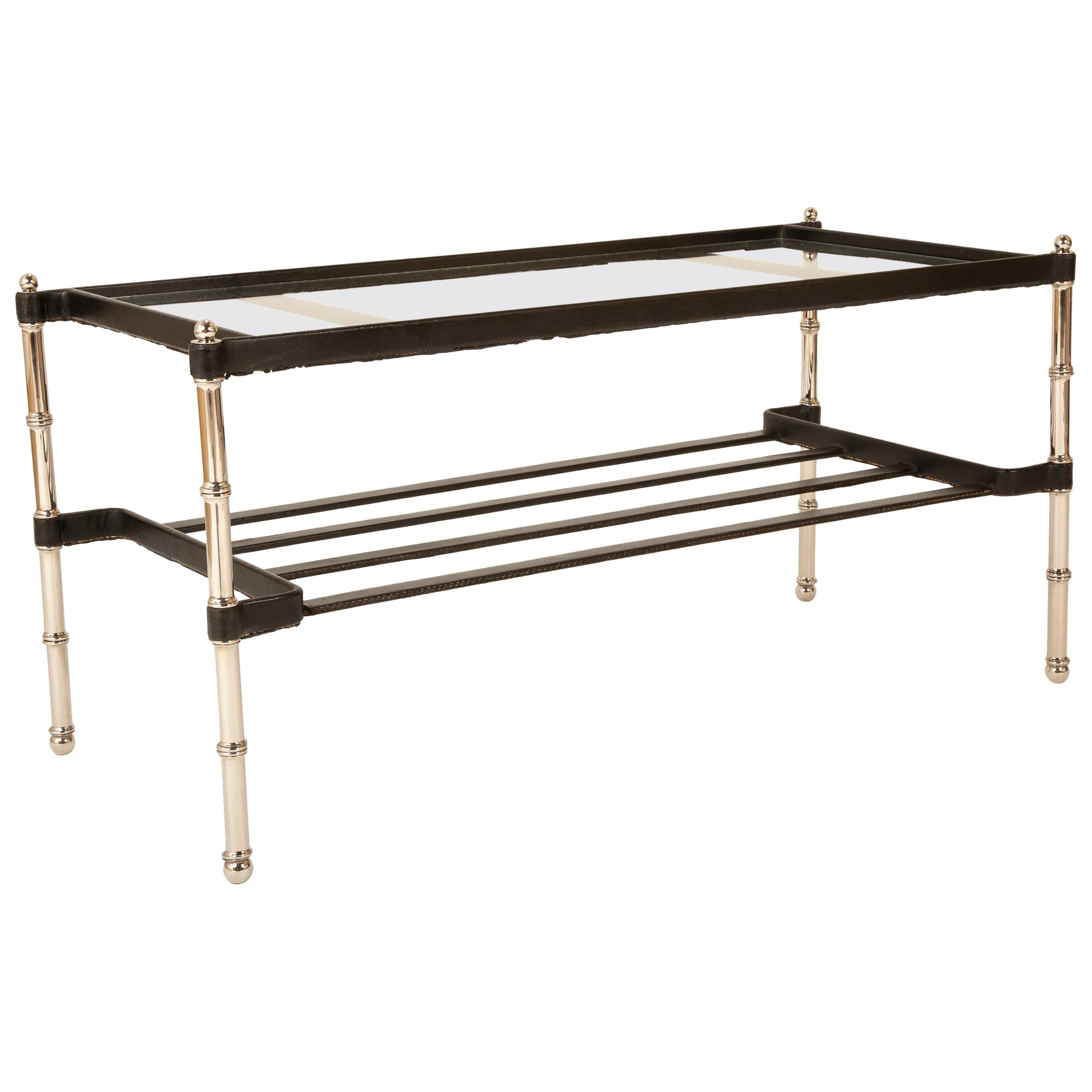 Black Leather Wrapped and Chrome Jacques Adnet Glass Top Coffee Table For Sale