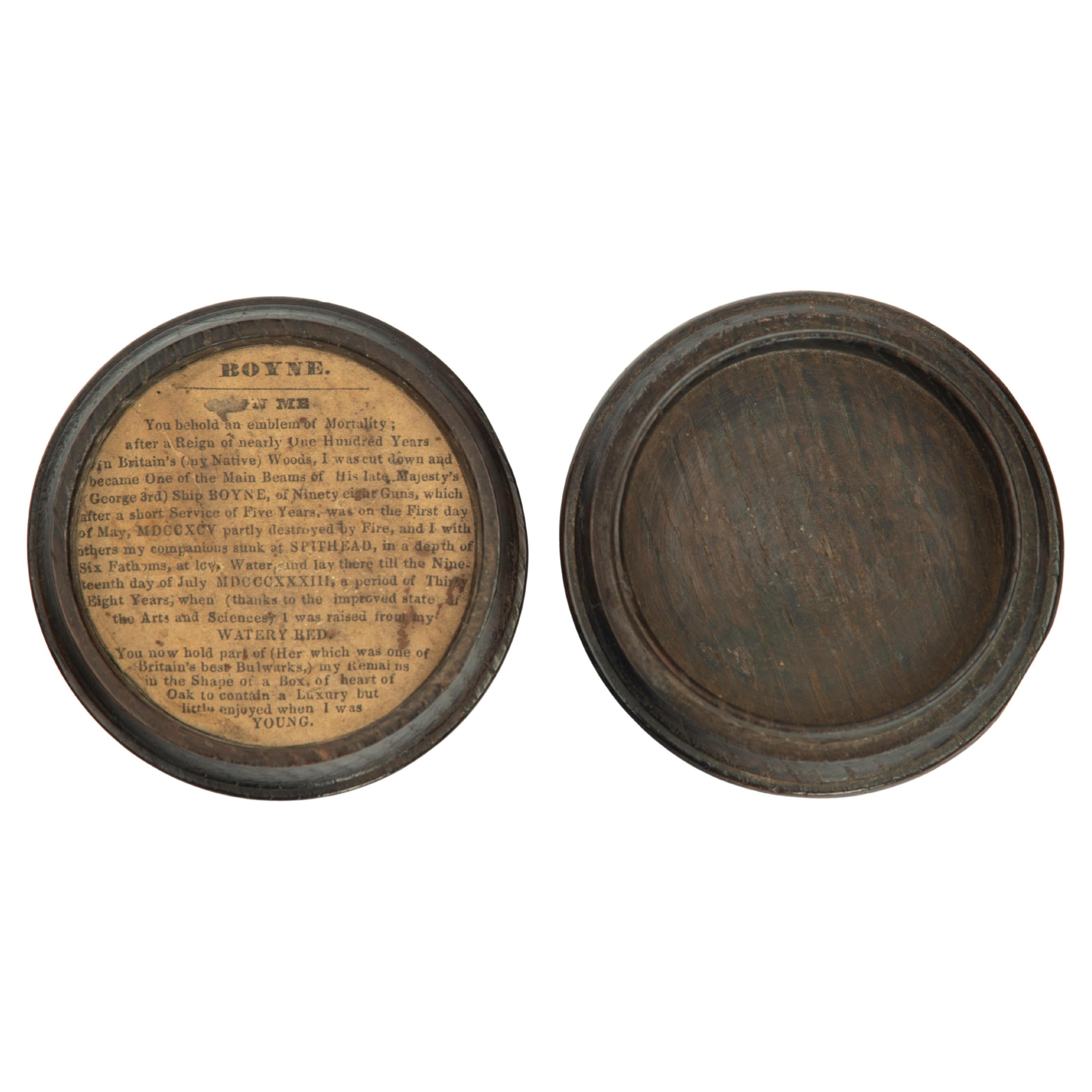A black oak snuff box made from timber recovered from H.M.S. Boyne, sunk 1795, r For Sale