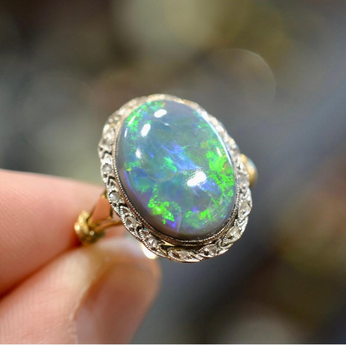 Women's or Men's A Black Opal And Diamond Cluster Ring