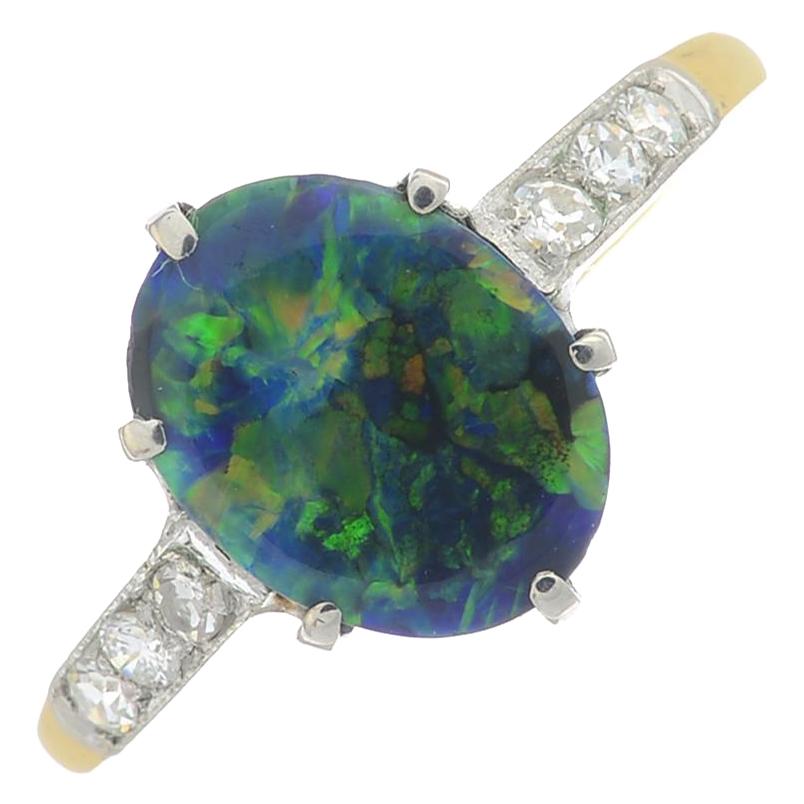 Black Opal Single-Stone and Diamond Ring