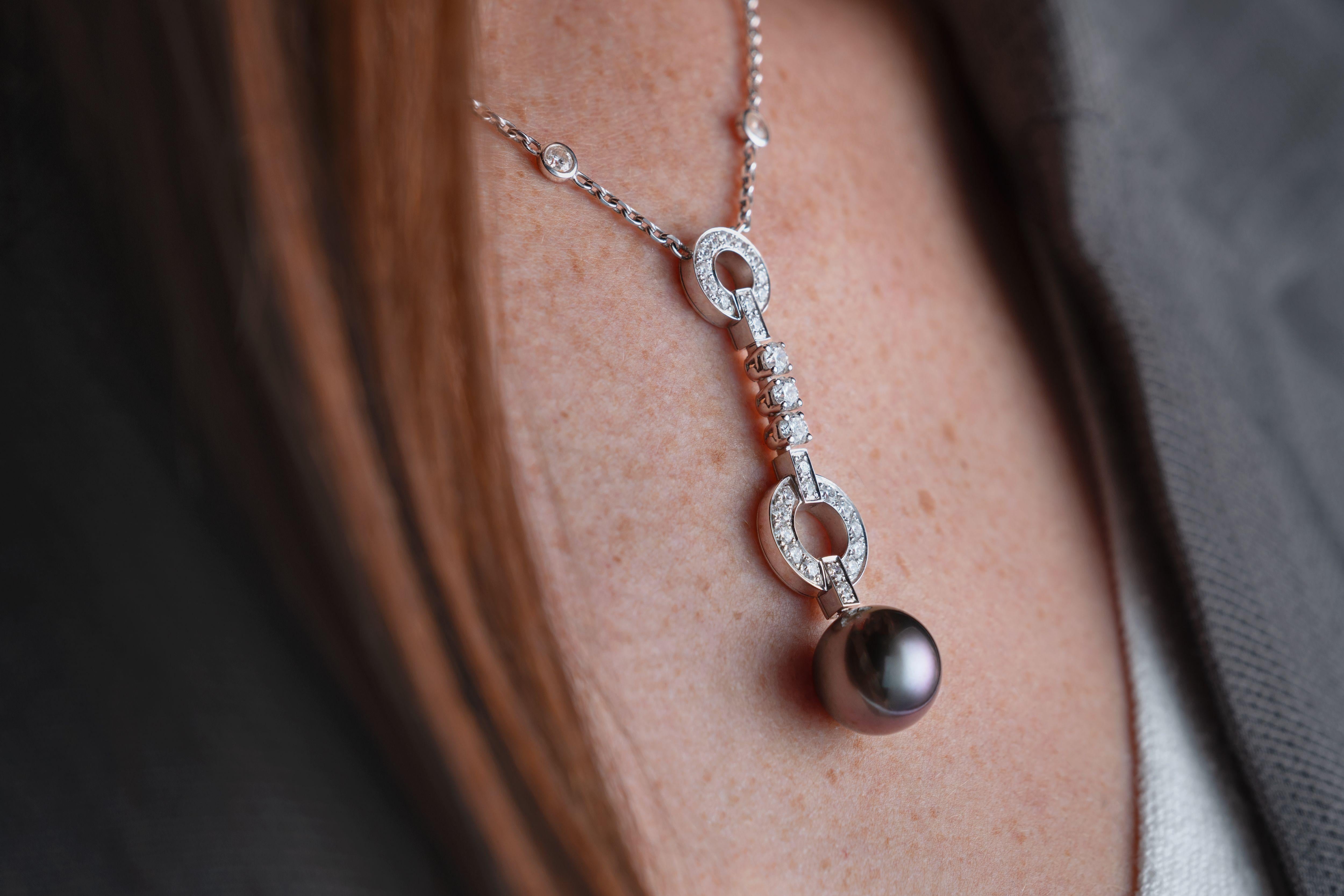 A Black Pearl And Diamond Necklace, by Cartier In Excellent Condition For Sale In London, GB