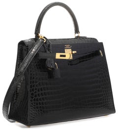 Black shiny porosus crocodile leather Hermes Kelly Sellier 25 Bag