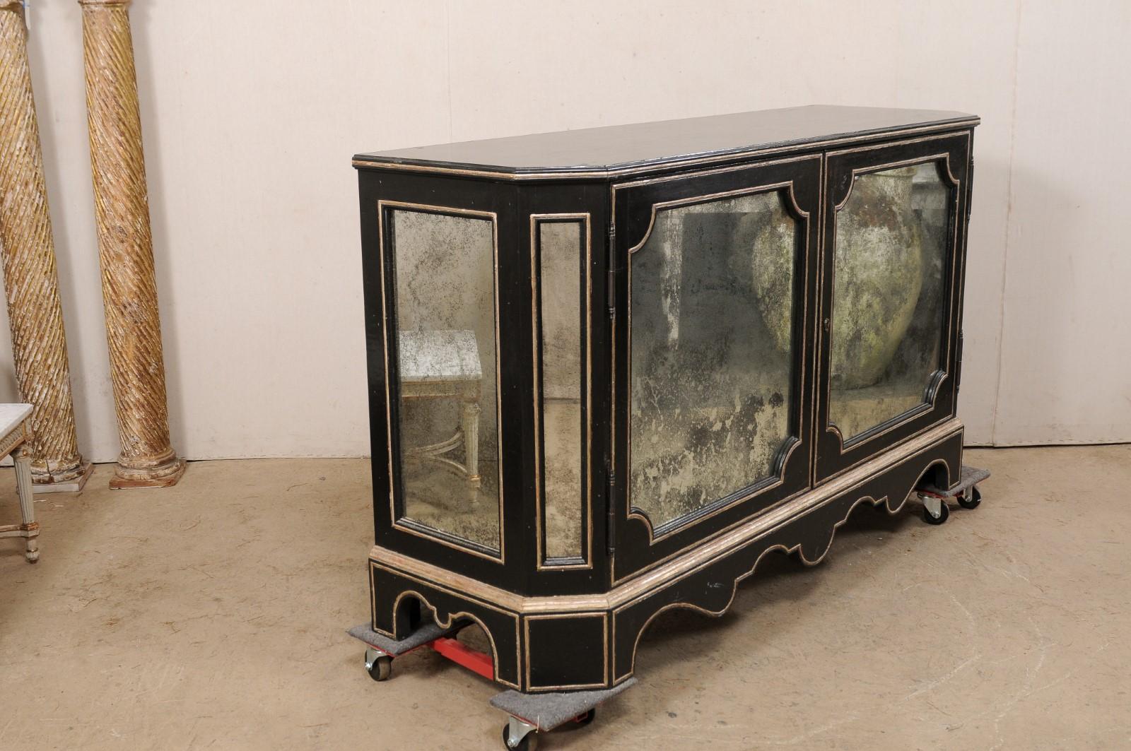 Black Sideboard Cabinet W/Nicely Antiqued Mirror Panels by Niermann Weeks For Sale 4