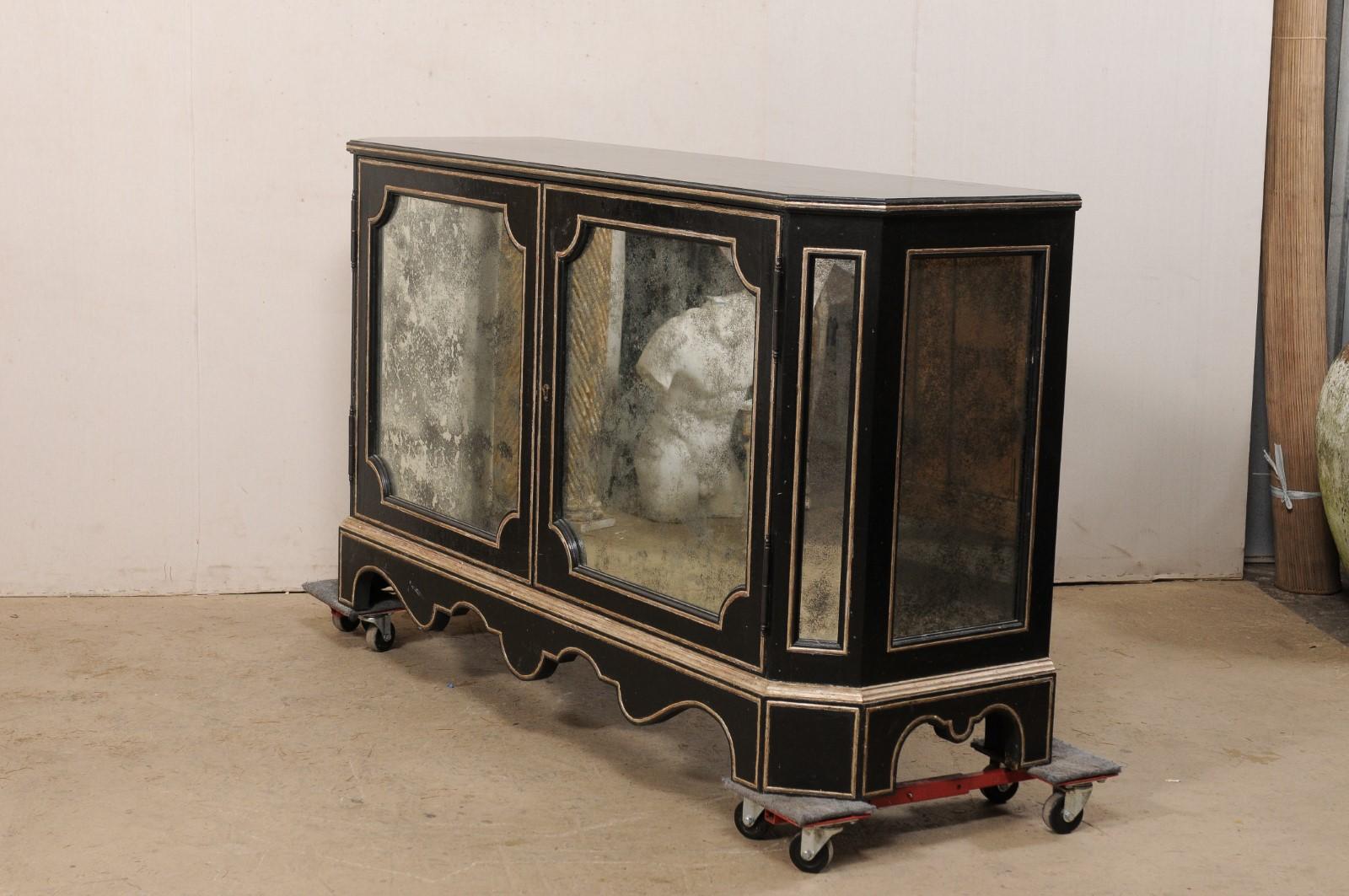 Black Sideboard Cabinet W/Nicely Antiqued Mirror Panels by Niermann Weeks For Sale 9
