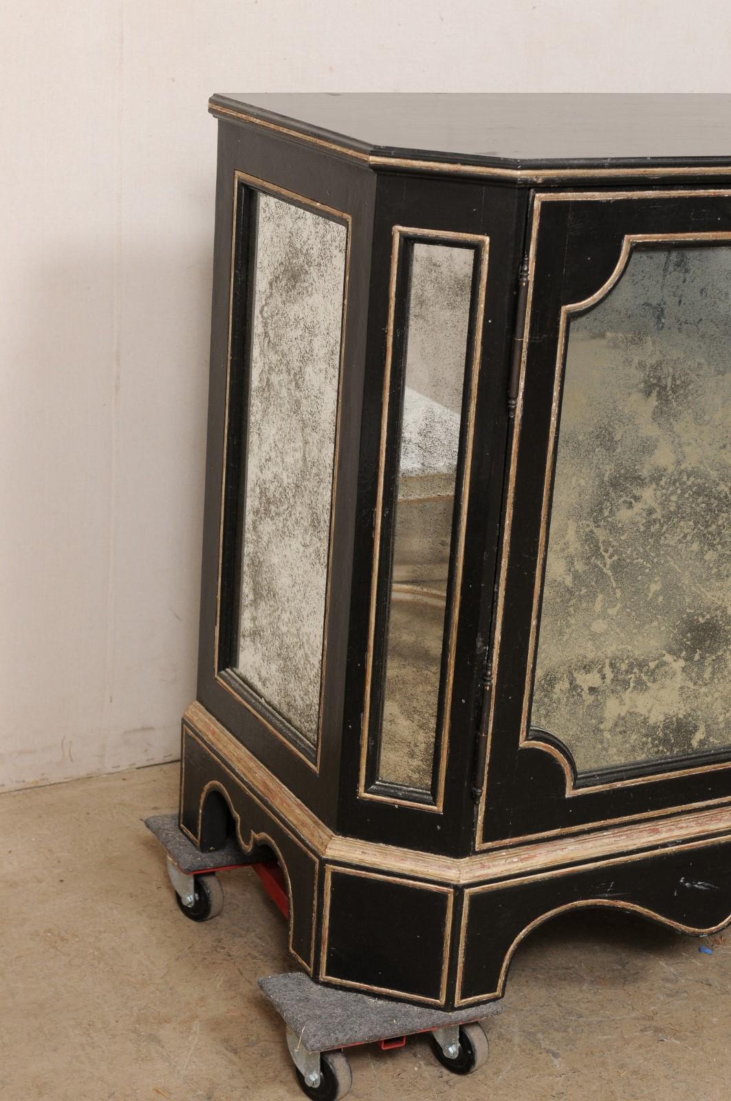 American Black Sideboard Cabinet W/Nicely Antiqued Mirror Panels by Niermann Weeks For Sale