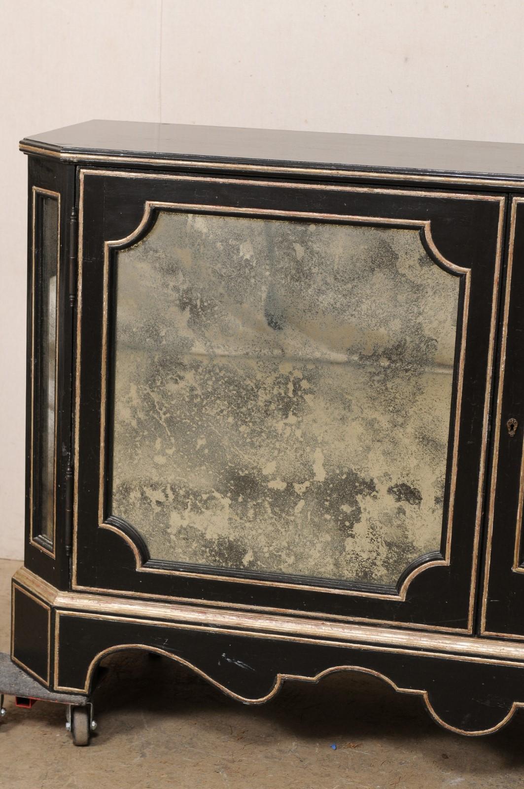 Black Sideboard Cabinet W/Nicely Antiqued Mirror Panels by Niermann Weeks In Good Condition For Sale In Atlanta, GA
