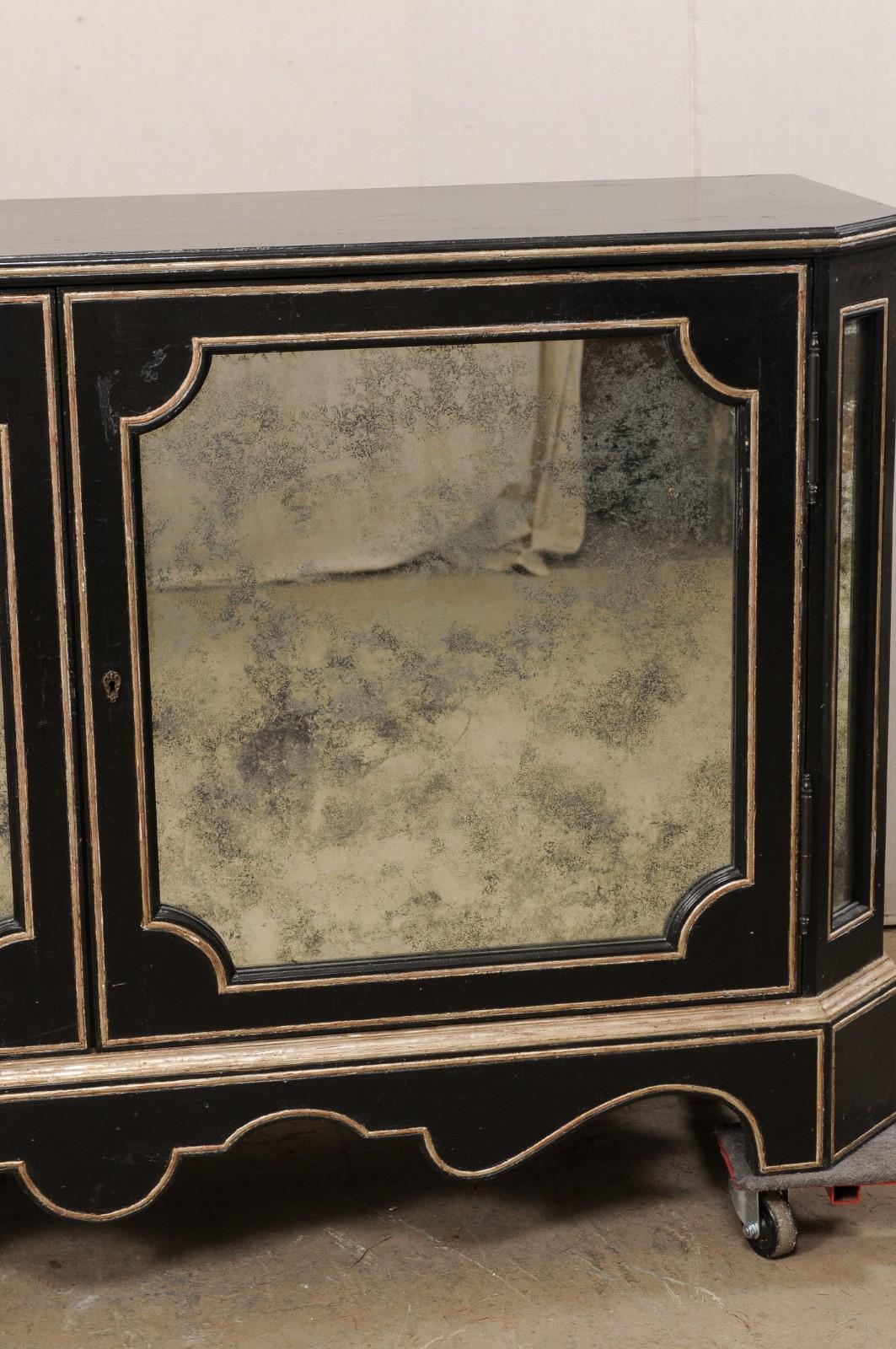 20th Century Black Sideboard Cabinet W/Nicely Antiqued Mirror Panels by Niermann Weeks For Sale