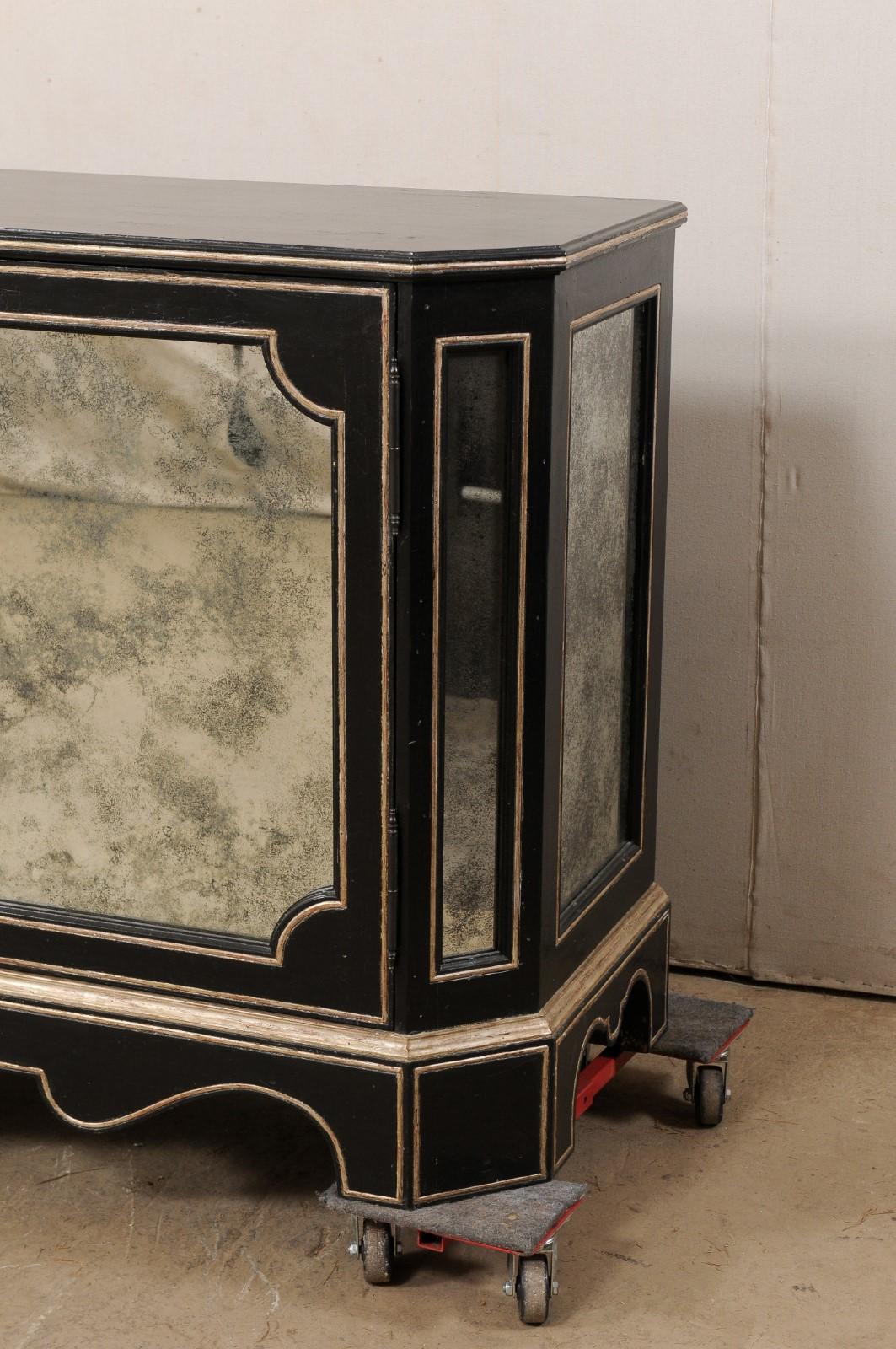 Wood Black Sideboard Cabinet W/Nicely Antiqued Mirror Panels by Niermann Weeks For Sale