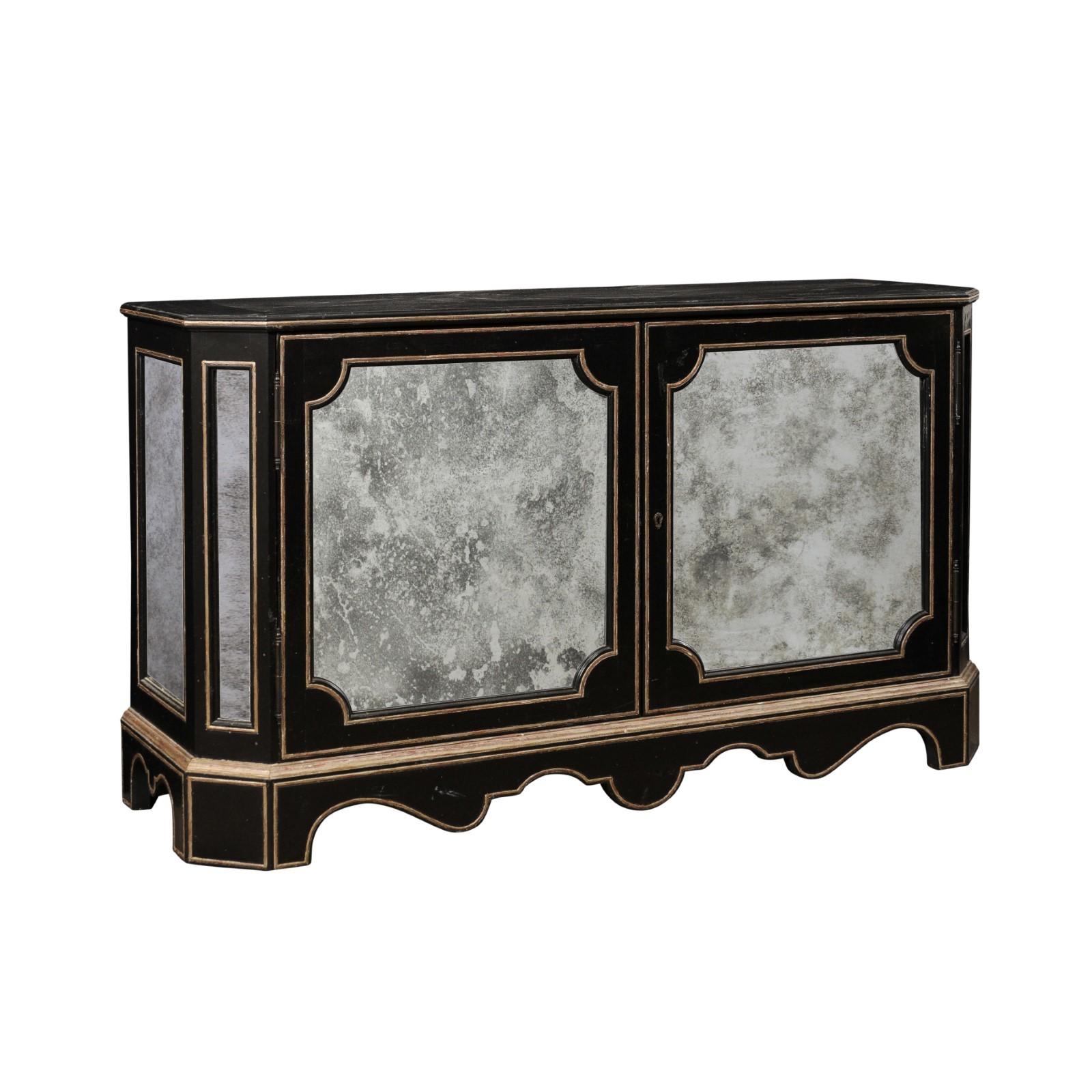 Black Sideboard Cabinet W/Nicely Antiqued Mirror Panels by Niermann Weeks For Sale