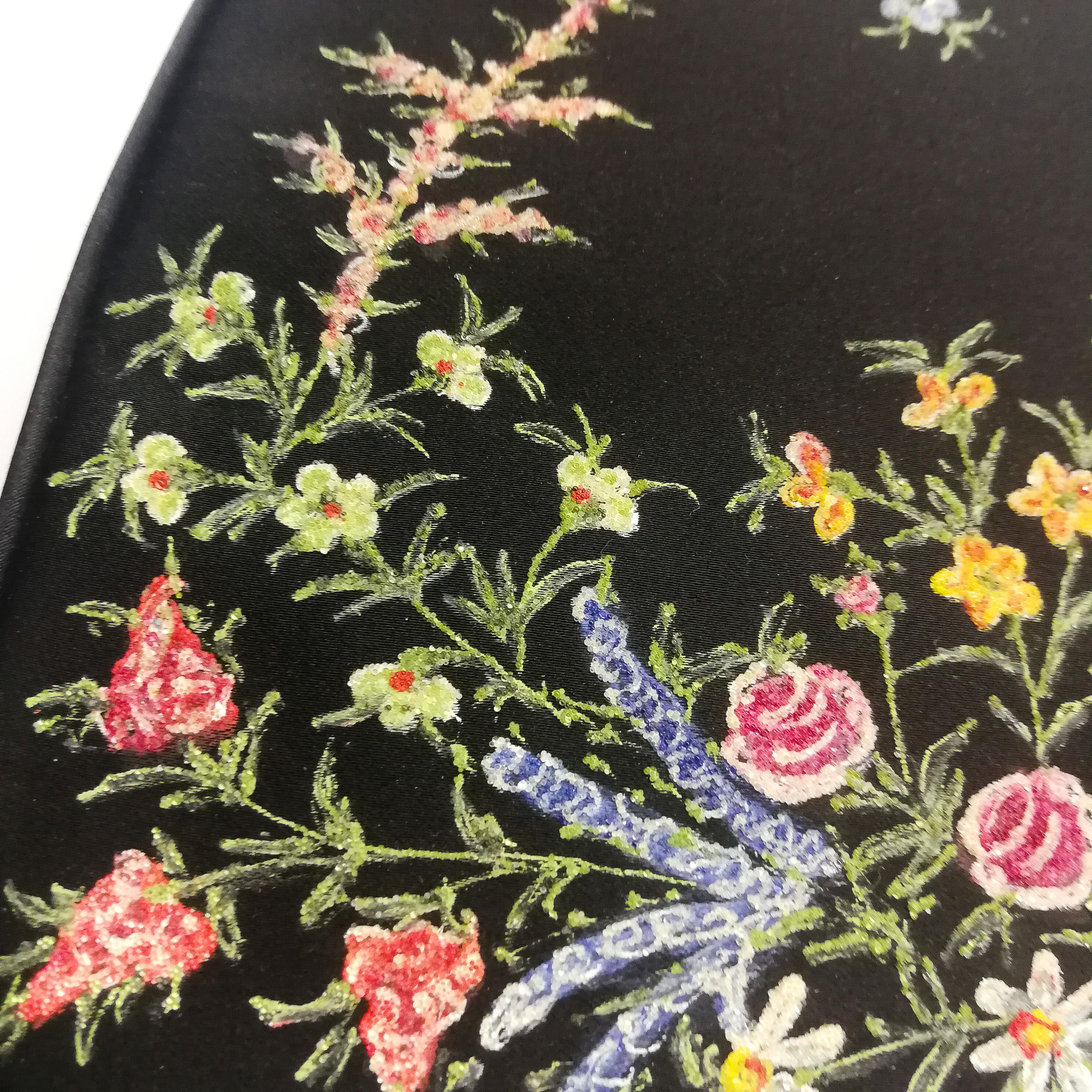 A black silk and glass hand painted floral design handbag, Waldybags, UK, 1950s In Good Condition In Greyabbey, County Down