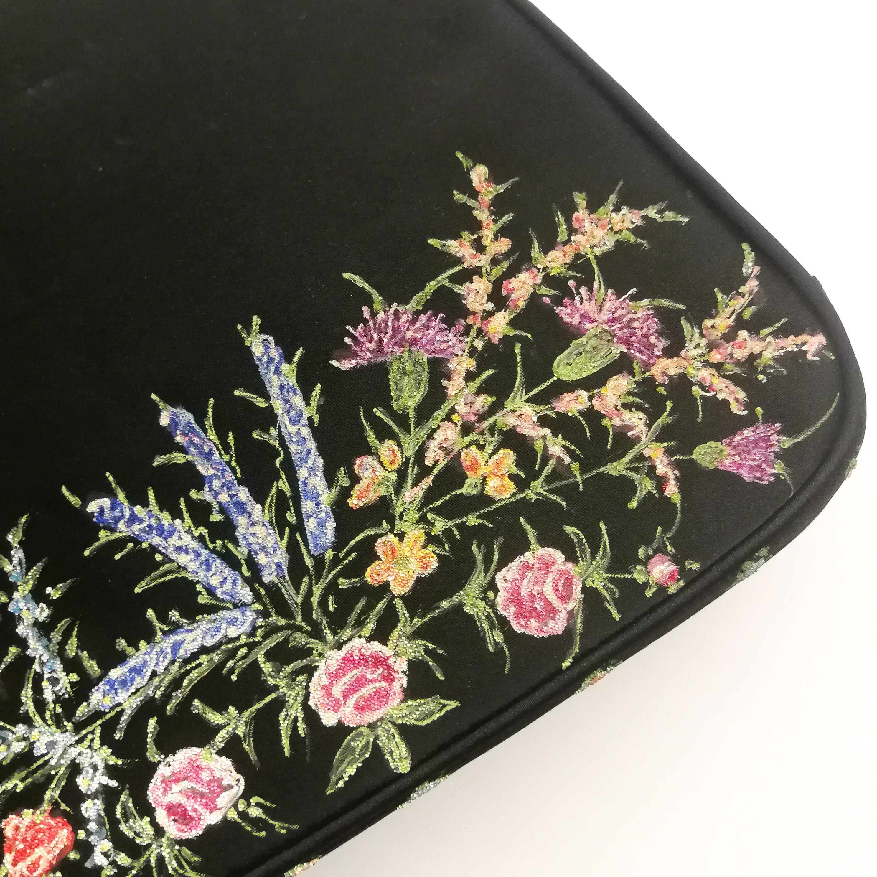 A black silk and glass hand painted floral design handbag, Waldybags, UK, 1950s 1