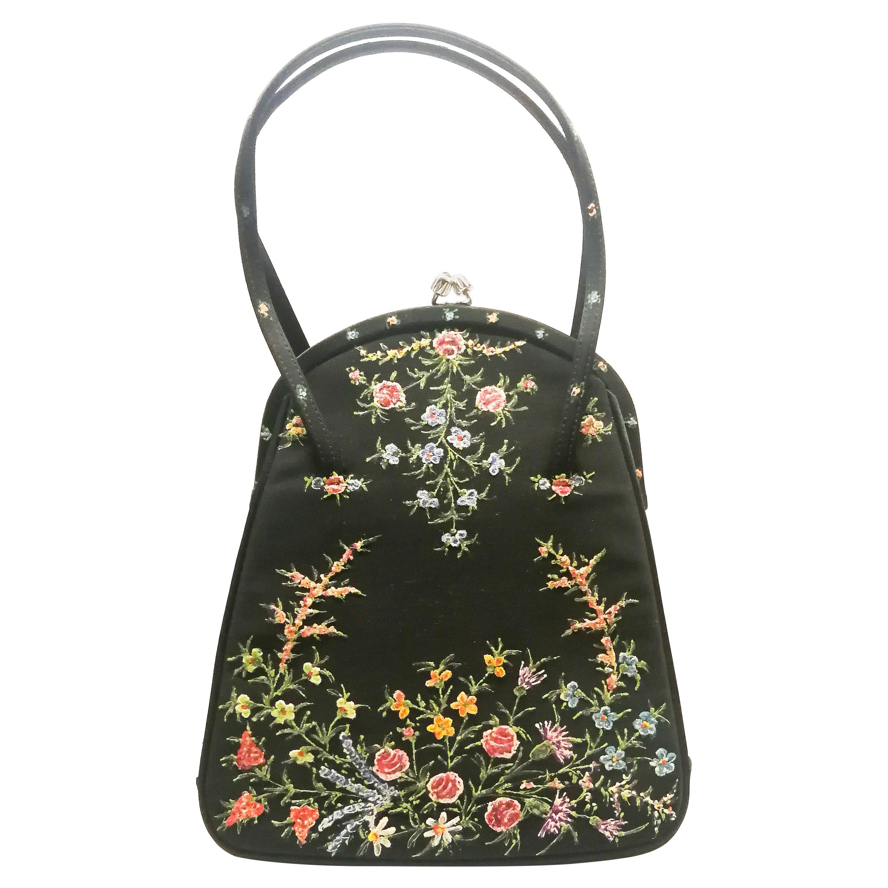 A black silk and glass hand painted floral design handbag, Waldybags, UK, 1950s