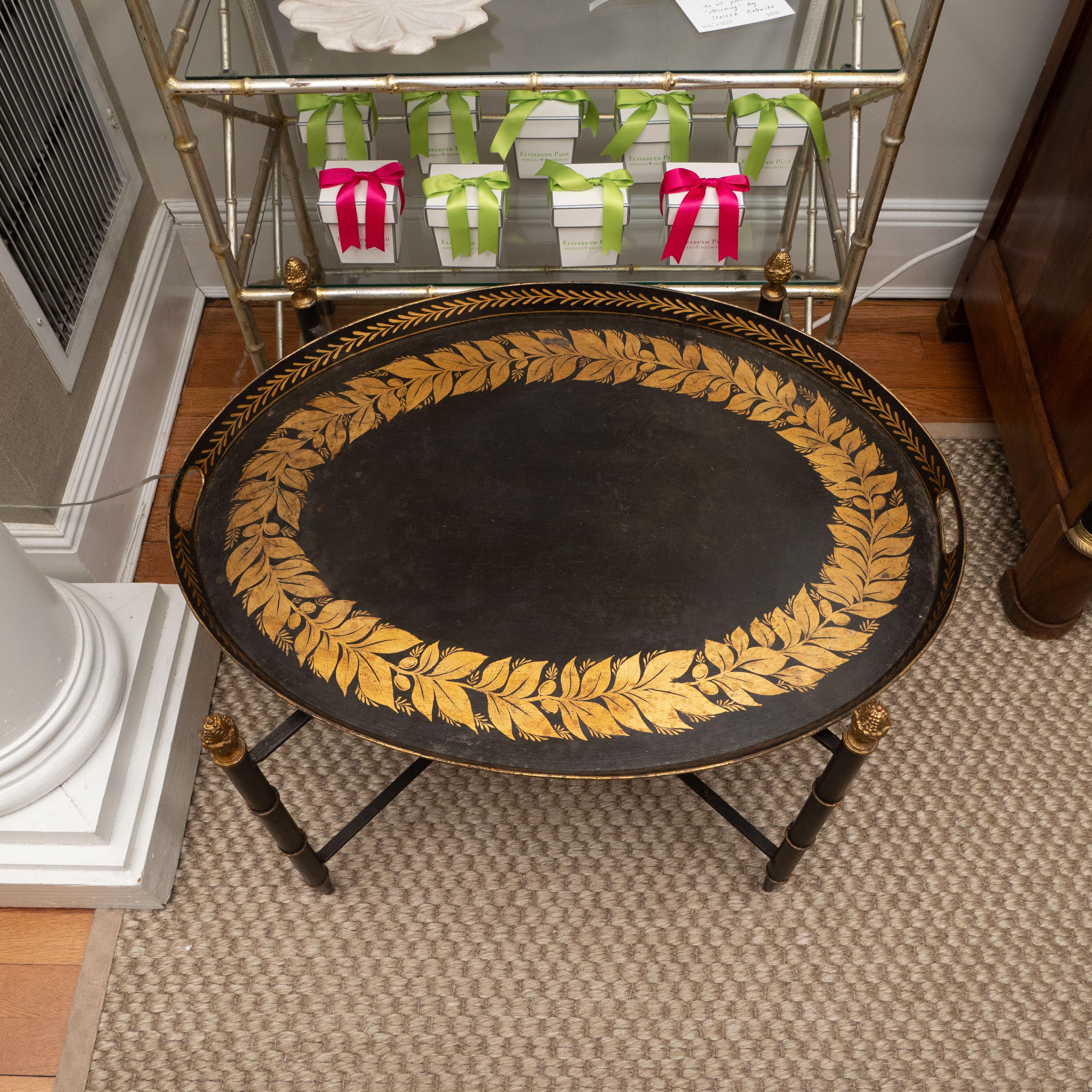 Black Tole Table with Decorative Oval Top and X-Frame Bases In Good Condition In New York, NY