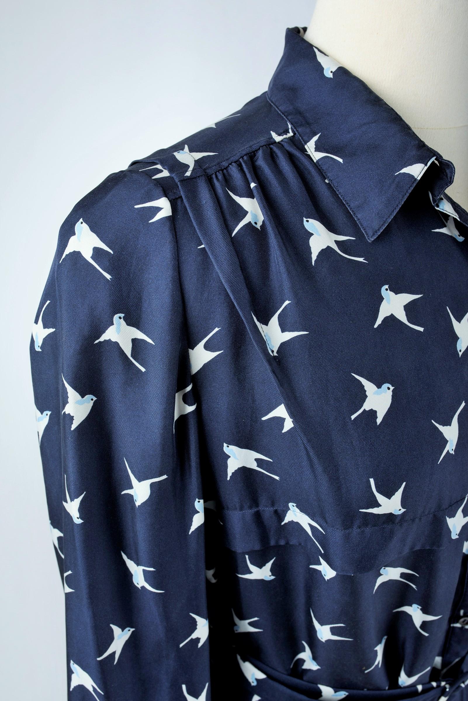 A Blouse dress in navy silk printed with swallows by Nina Ricci Circa 2000 For Sale 2