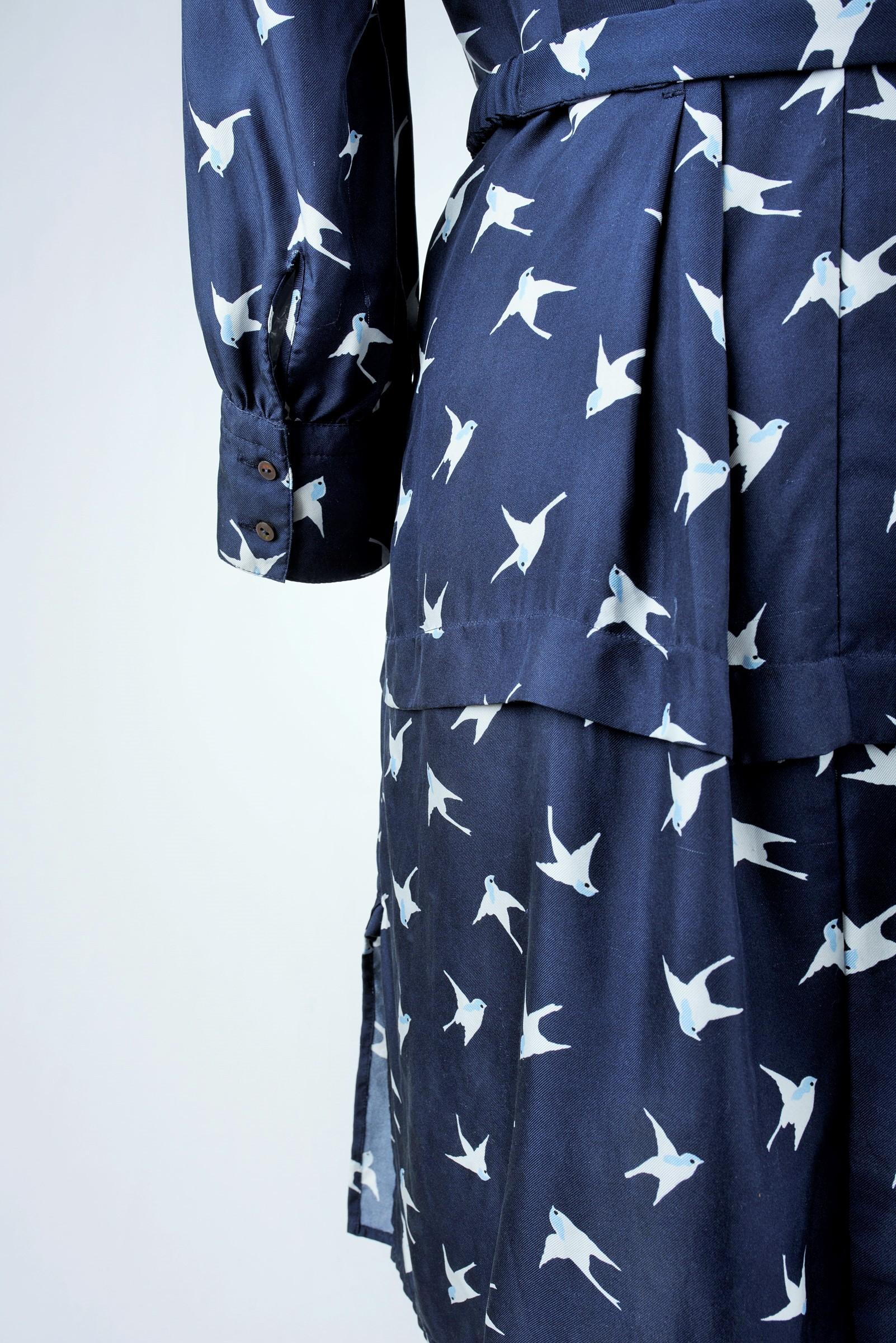 A Blouse dress in navy silk printed with swallows by Nina Ricci Circa 2000 For Sale 9