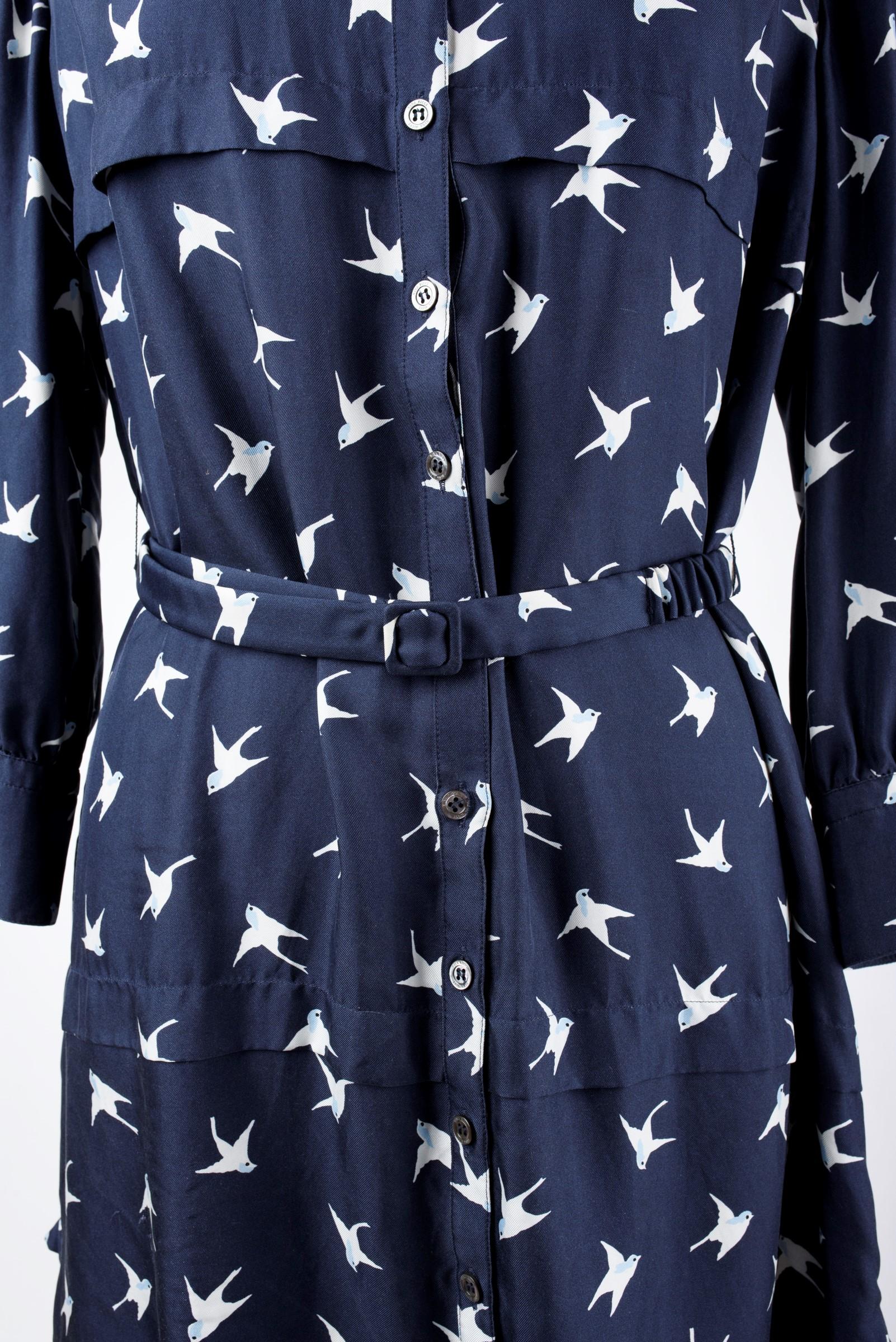 Women's A Blouse dress in navy silk printed with swallows by Nina Ricci Circa 2000 For Sale