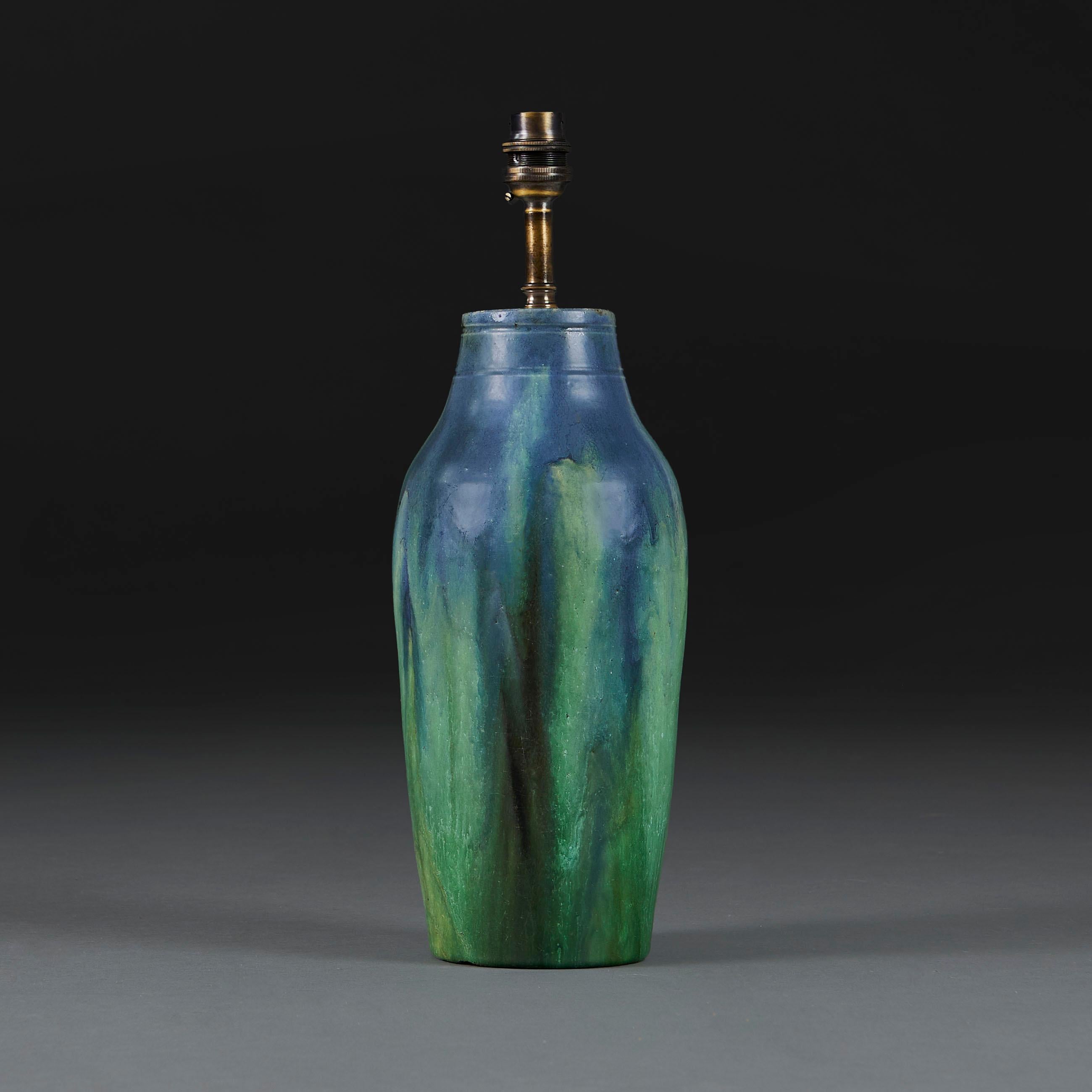 French A blue and green drip glaze pottery table lamp