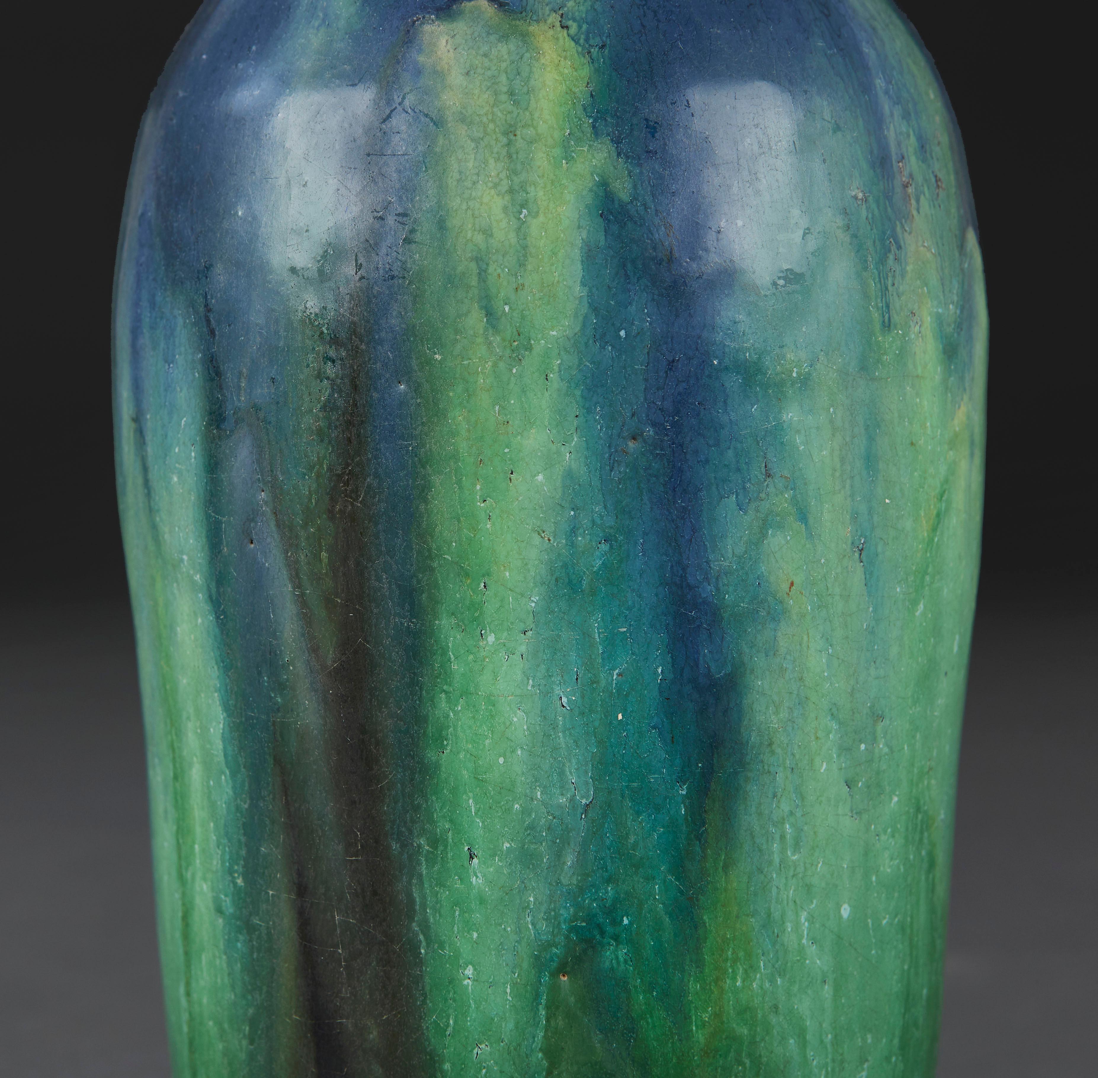 20th Century A blue and green drip glaze pottery table lamp