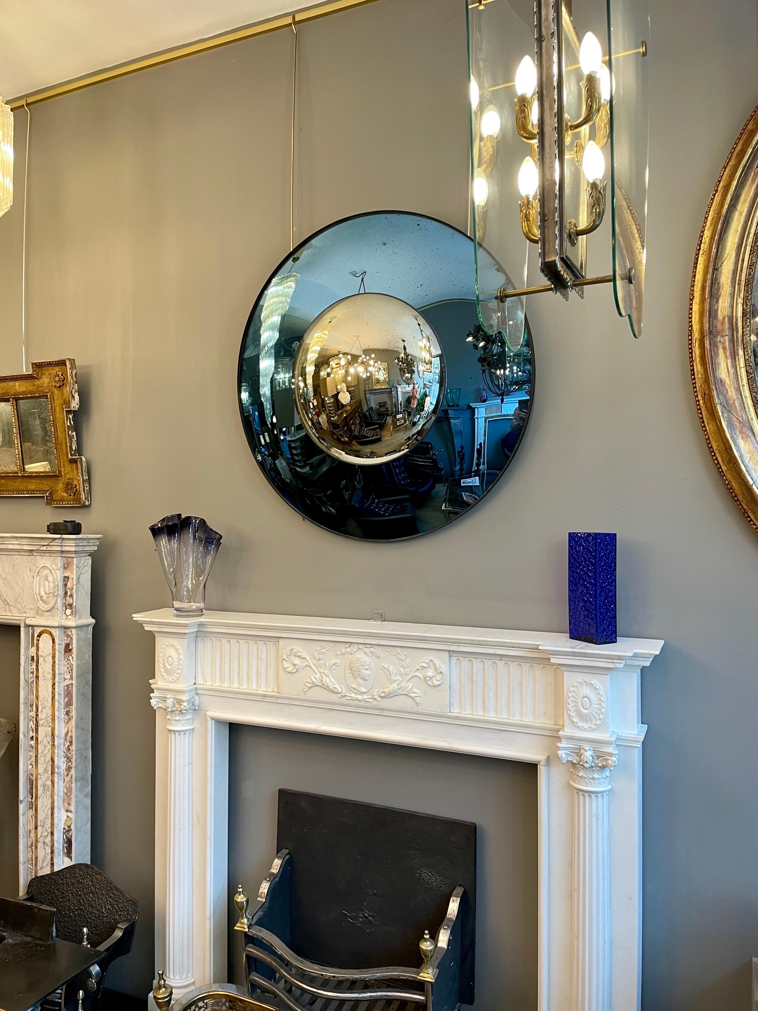 English Blue and Silver Distressed Glass Convex Mirror