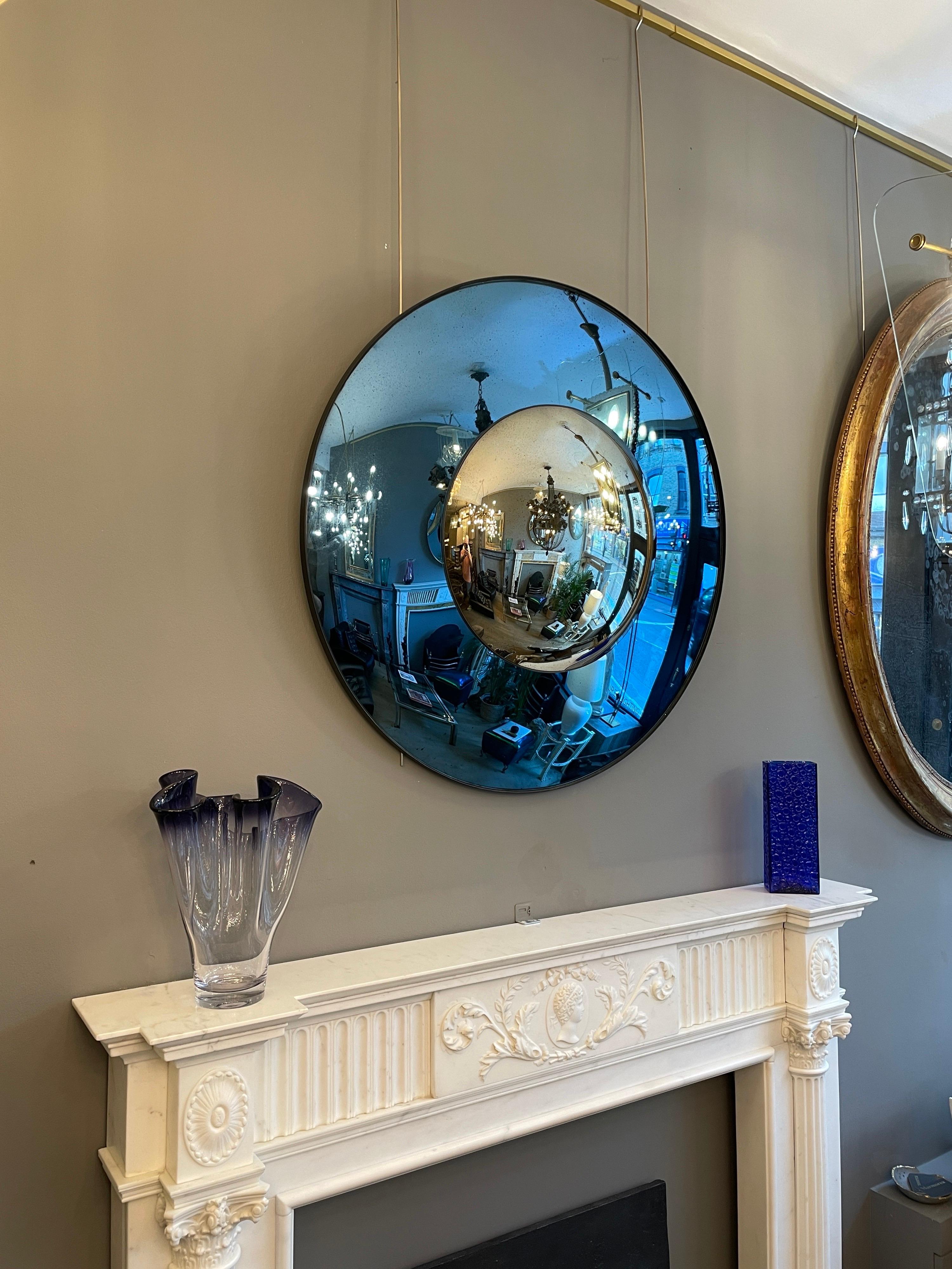 Blue and Silver Distressed Glass Convex Mirror In Good Condition In London, GB