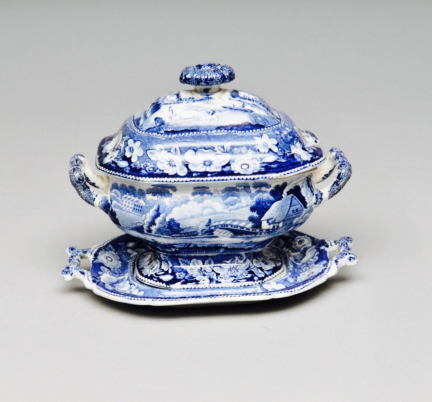 British Blue and White Antique Tureen on Its Stand with Lid