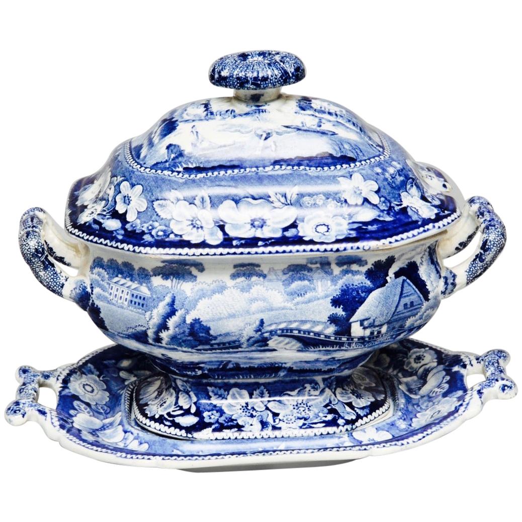 Blue and White Antique Tureen on Its Stand with Lid