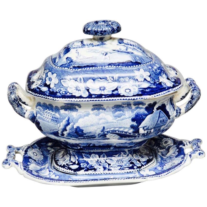 Blue and White Antique Tureen on Its Stand with Lid at 1stDibs
