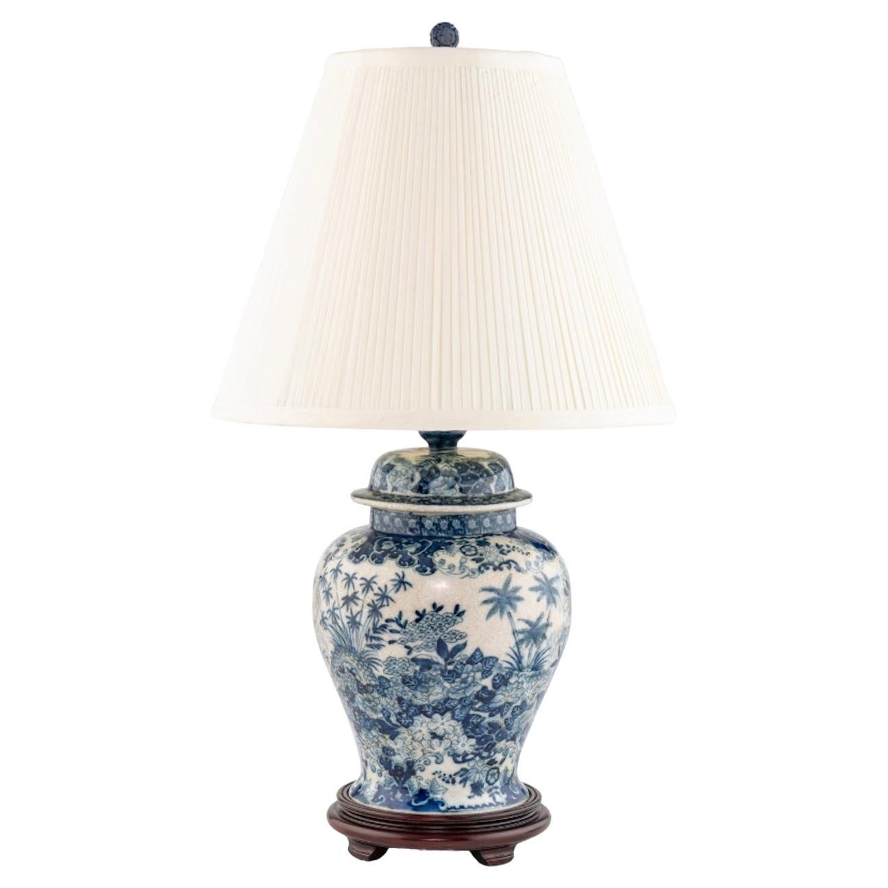 A Blue and White Porcelain Lamp 20th Century Height 25 1/2 inches.