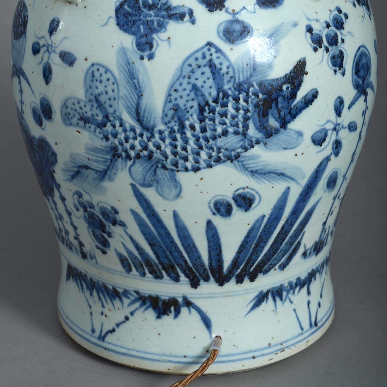 Chinese Blue and White Porcelain Vase Lamp Decorated with Fish and Seaweed