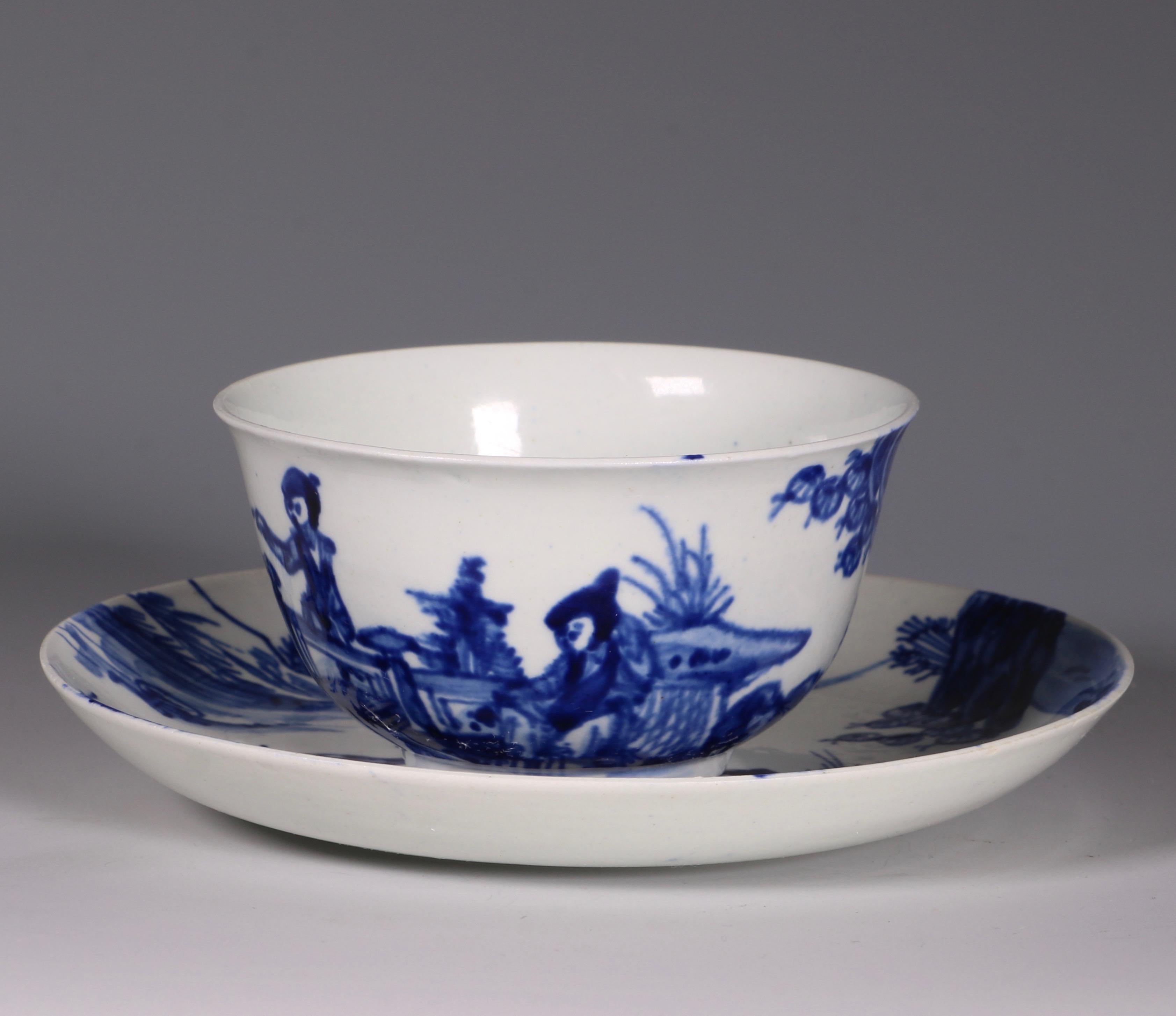 English Blue and White Vauxhall Tea Bowl and Saucer, circa 1755-1758 For Sale