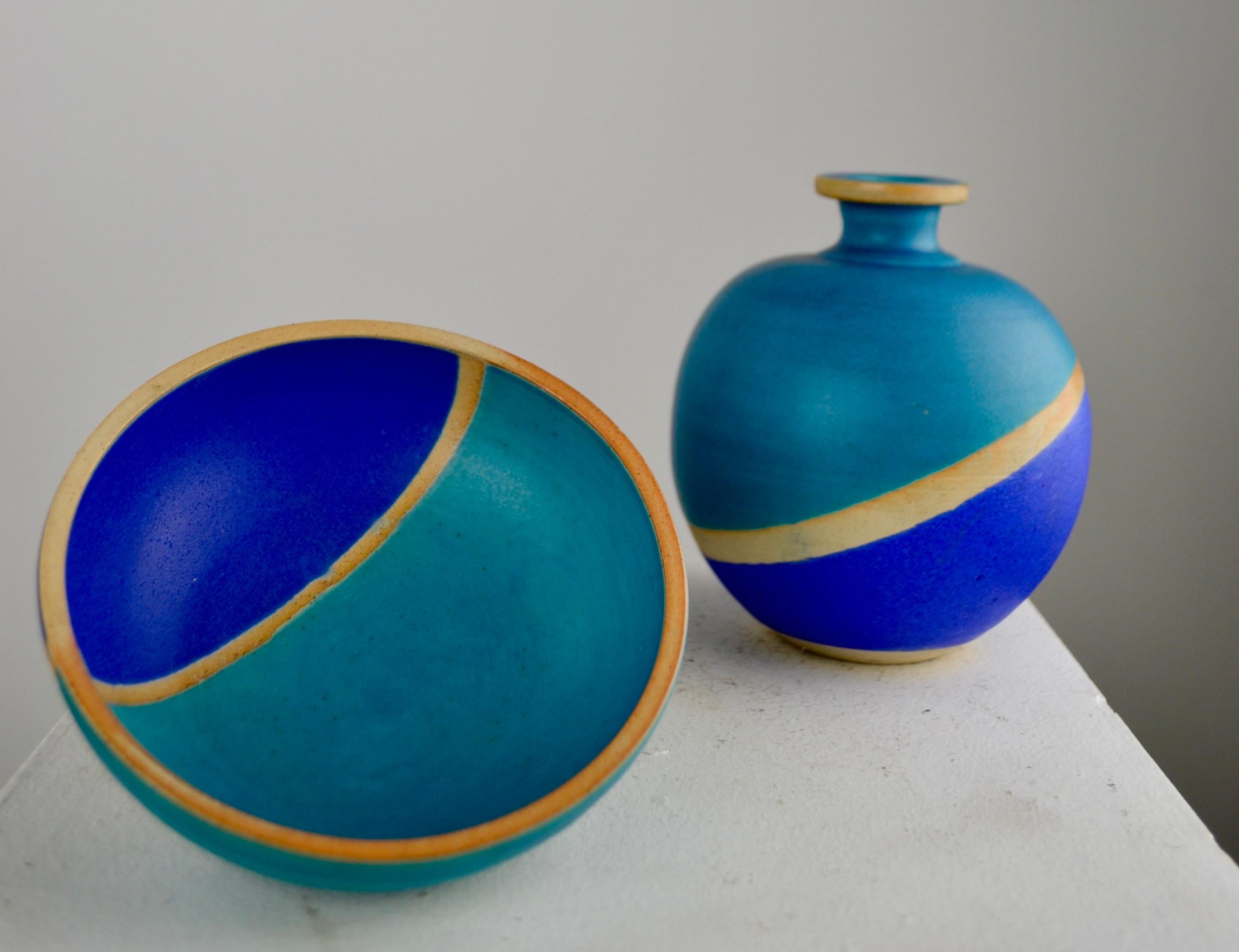Blaue Vase und Schale aus Keramik, Set, 1970er-Jahre im Angebot 4