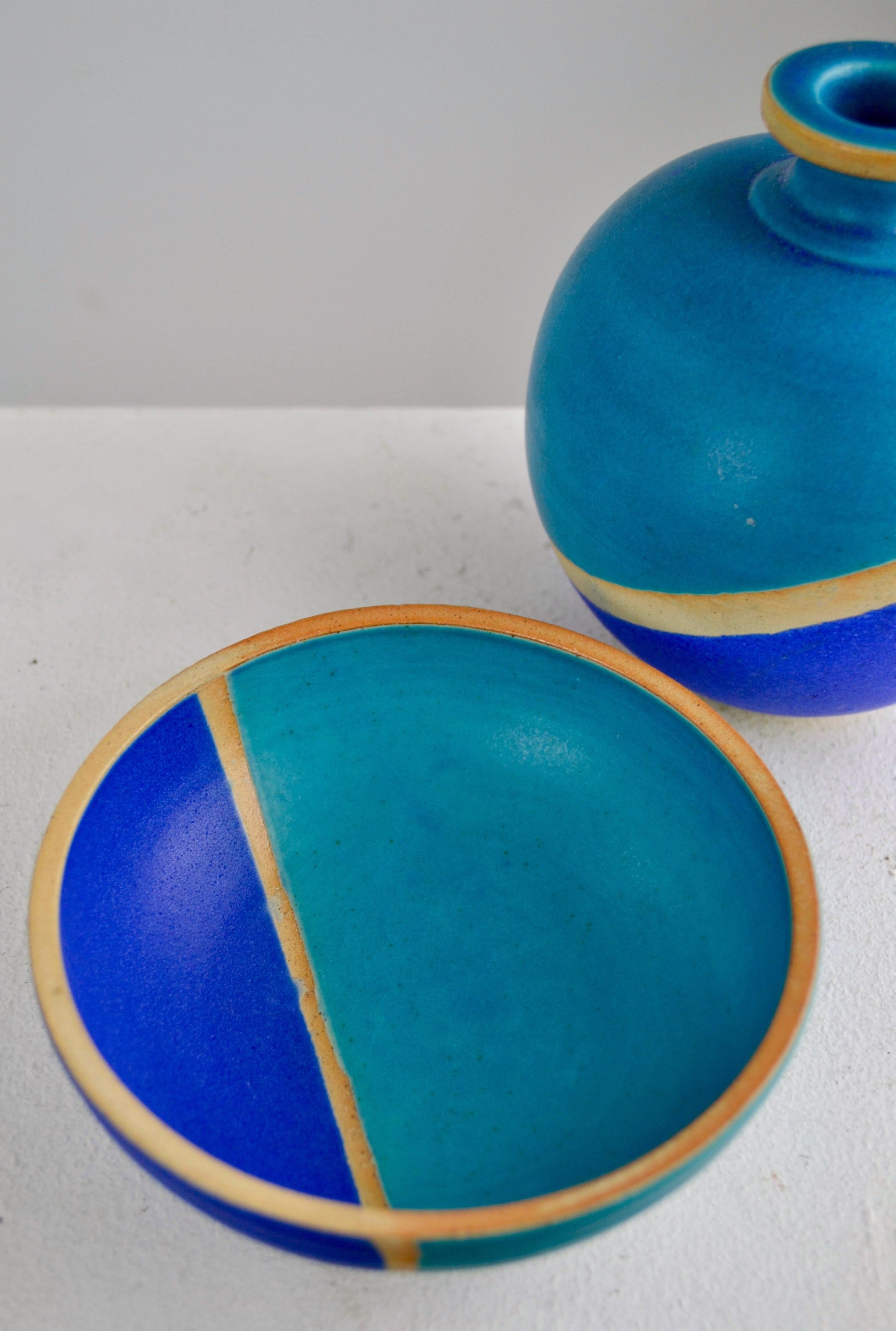 Blaue Vase und Schale aus Keramik, Set, 1970er-Jahre im Angebot 2