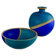 A Blue Ceramic Vase and Bowl Set, 1970s