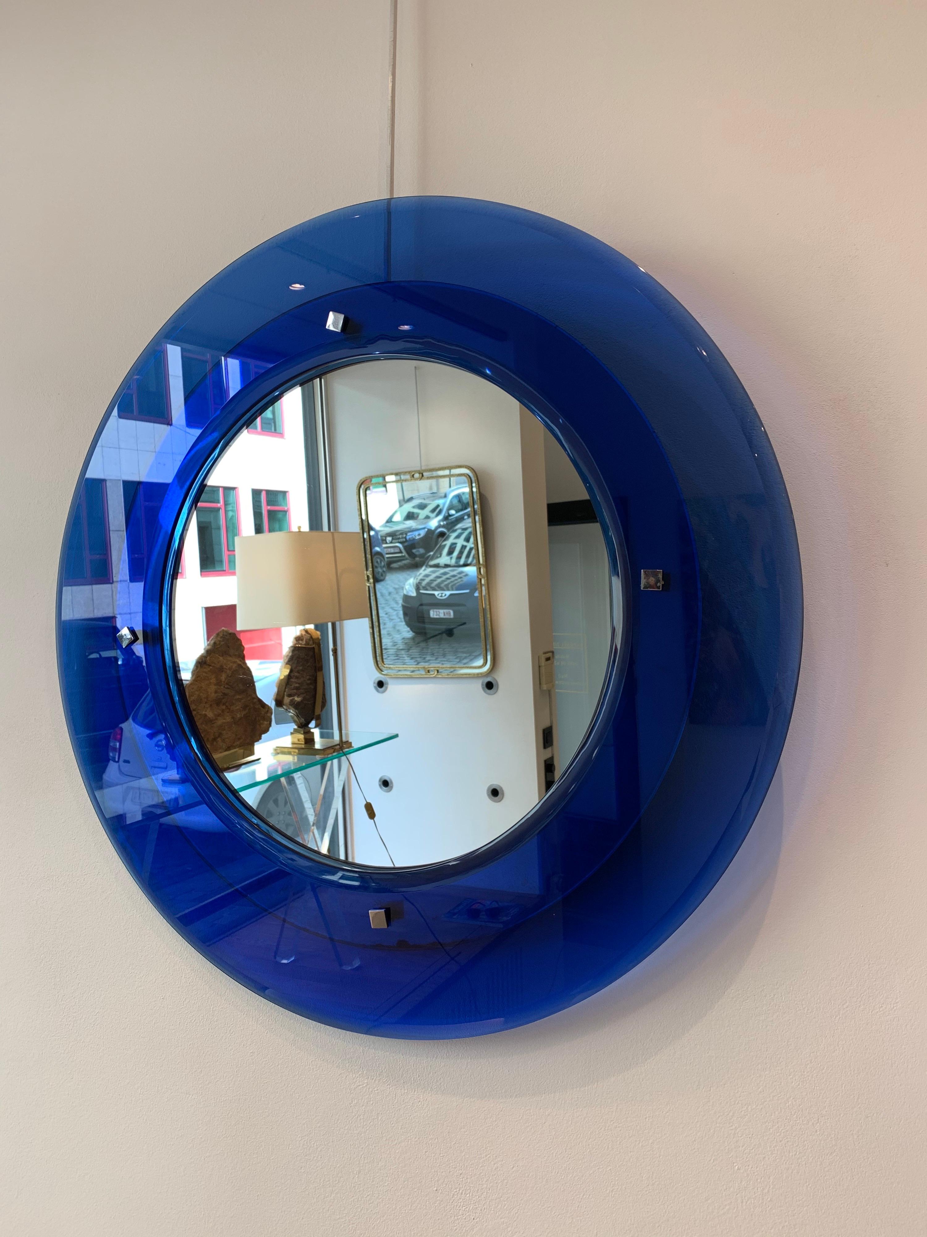 Mid-20th Century Blue Cristal Art Round Mirror, 1950s