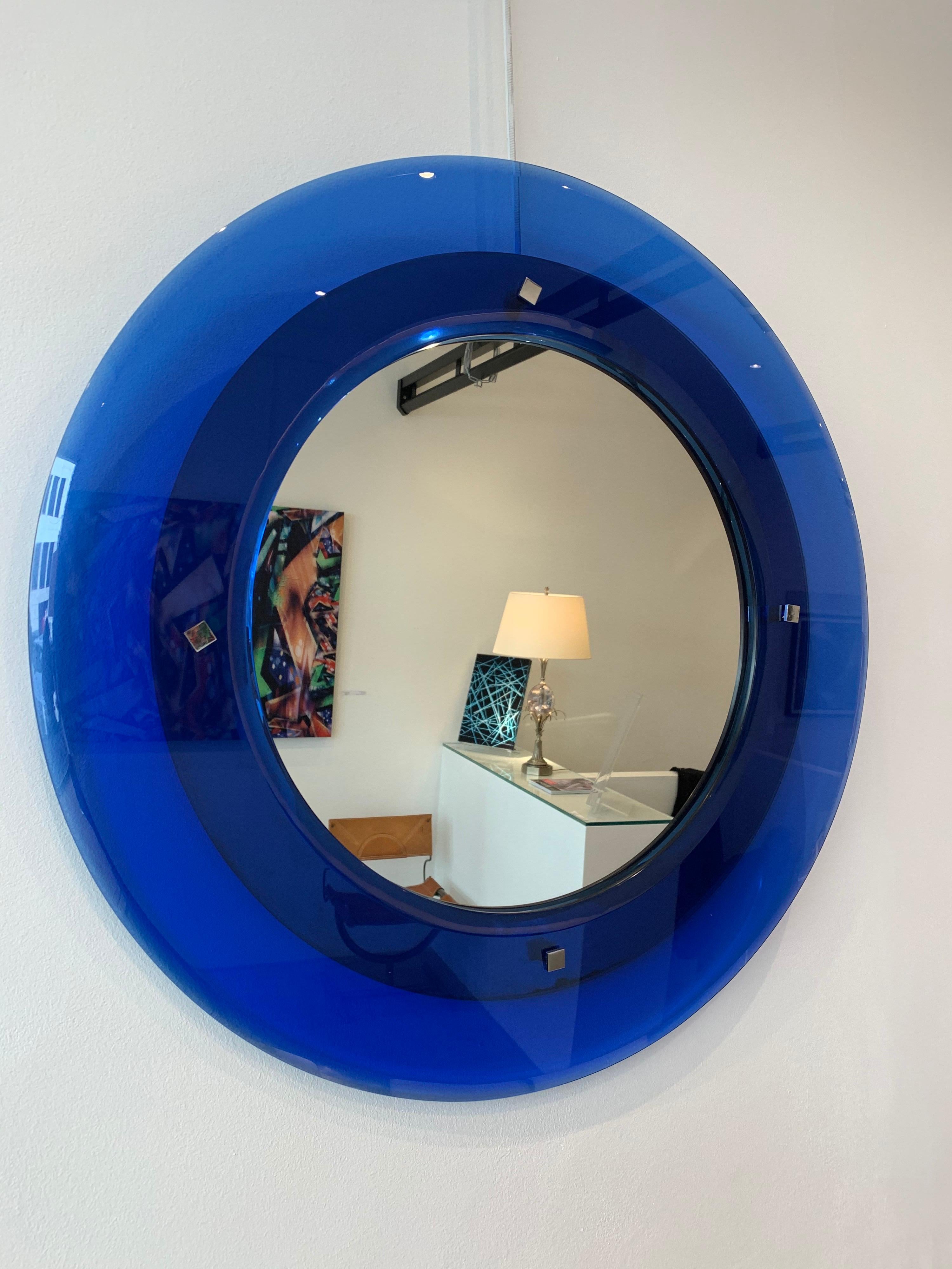 Metal Blue Cristal Art Round Mirror, 1950s