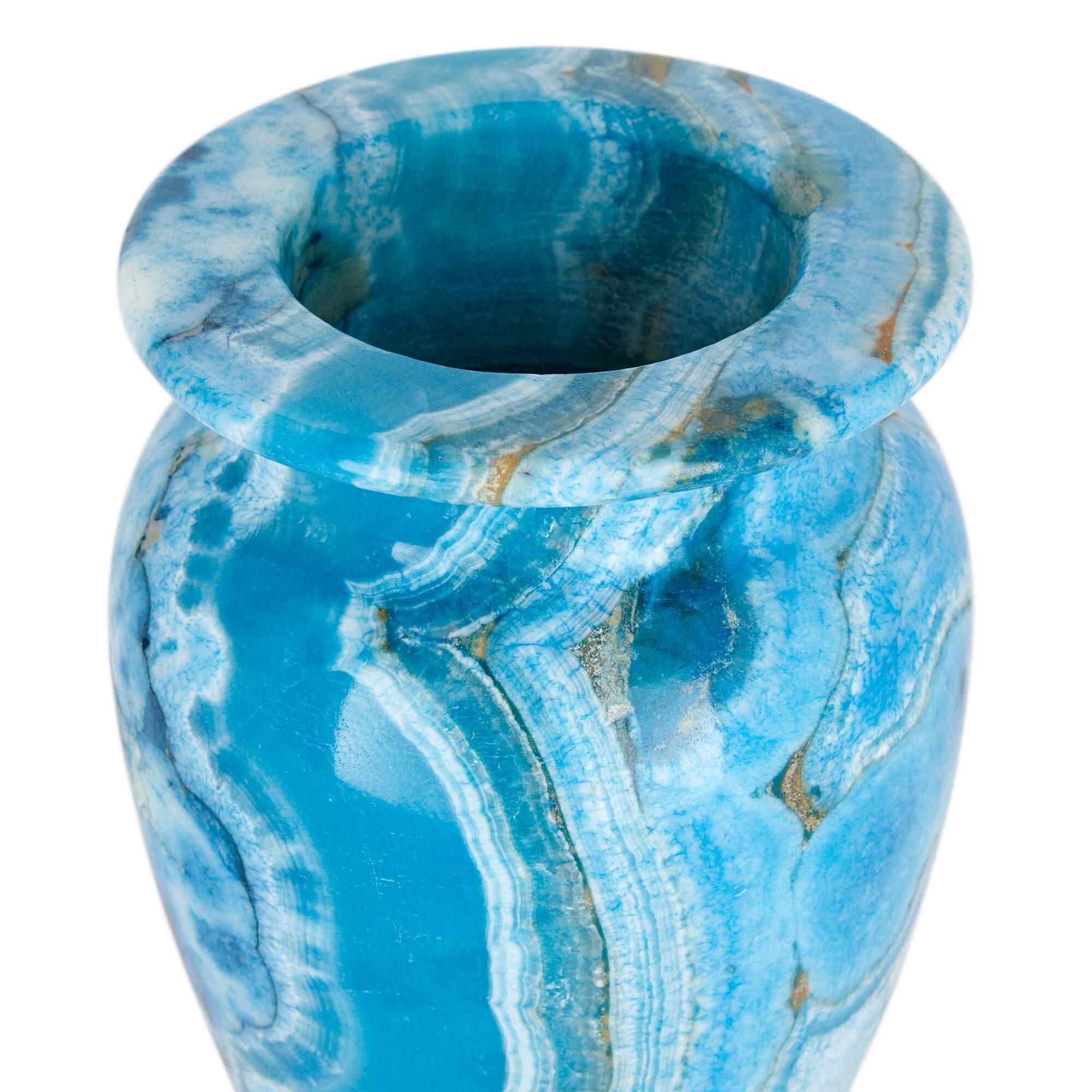 Modern Blue-Dyed Calcite Urn-Shaped Mineral Vase For Sale